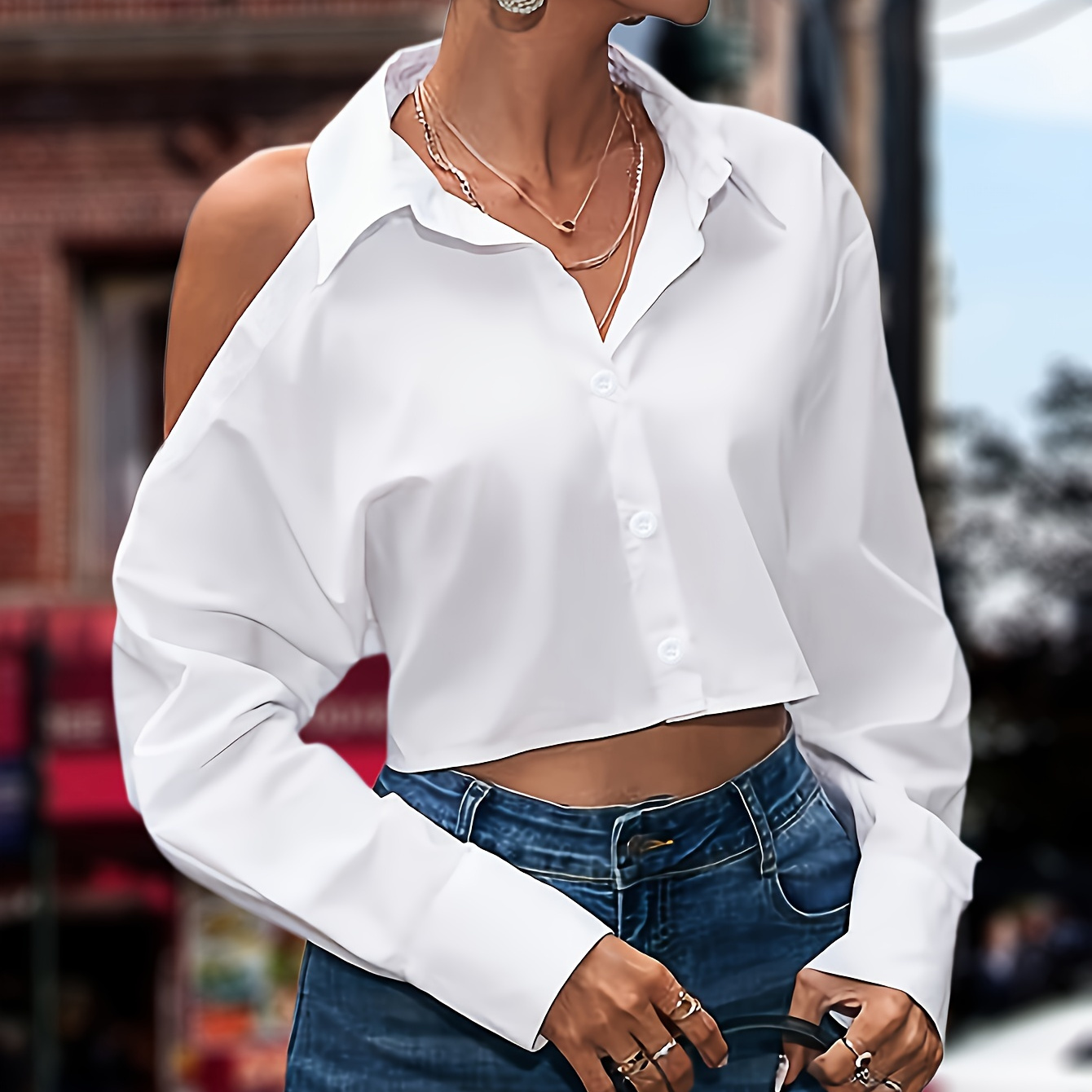 

Solid Cold Shoulder Asymmetrical Shirt, Versatile Long Sleeve Shirt For Spring & Fall, Women's Clothing