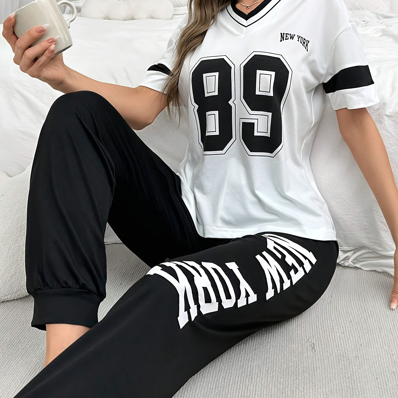 

Women' Style V-neck Jersey And Long Pants Set, Polyester Knit Fabric, Short Sleeve Pullover With Detail, Alphabet Pattern Lounge Wear For Spring/summer/fall