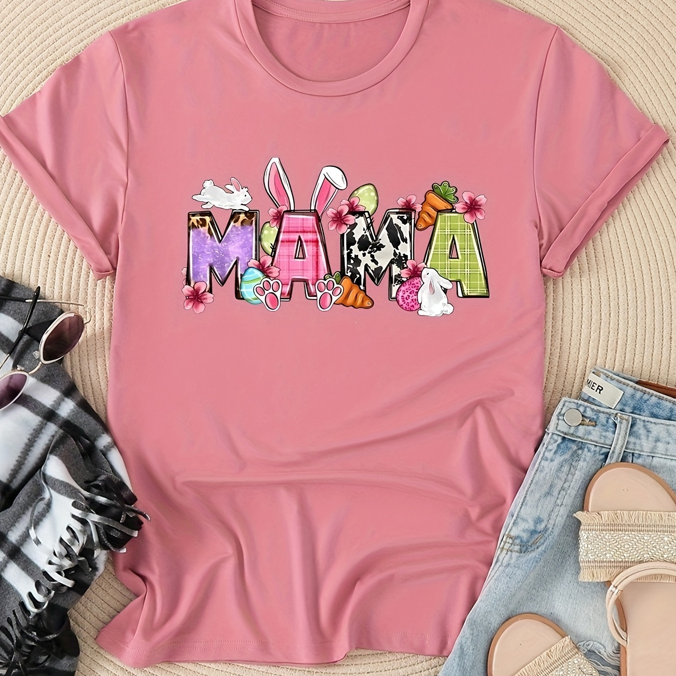 

Plus Size Letter & Bunny Print T-shirt, Easter Casual Crew Neck Short Sleeve T-shirt, Women's Plus Size clothing