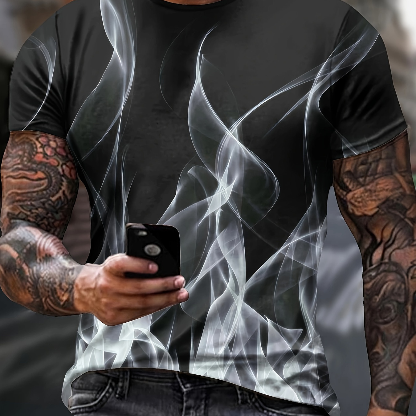 

Men's White Fire Graphic Like Pattern Print T-shirt With Crew Neck And Short Sleeve, Novel And Stylish Tops Suitable For Summer Leisurewear And Outdoors Activities