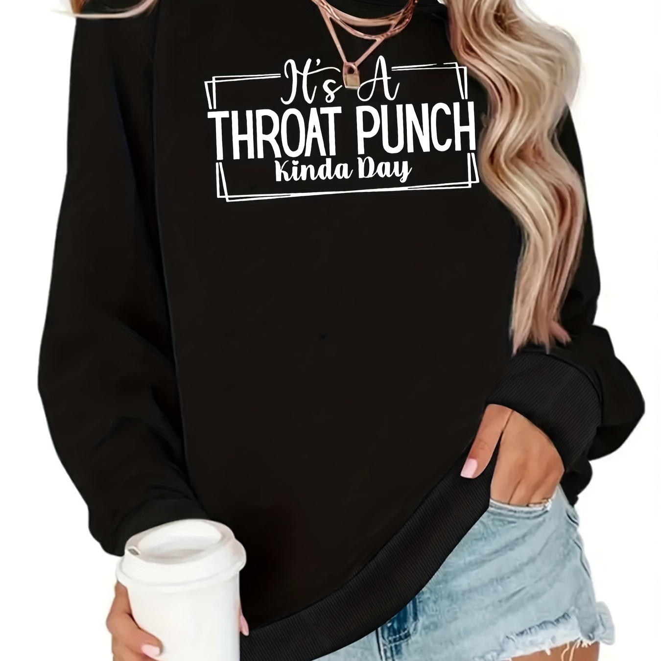 

Casual Crew Neck Long Sleeve Sweatshirts For Women With 'throat Punch' Graphic, Polyester Blend Knit Fabric With Slight Stretch, Regular Fit Fall/winter Pullover Tops