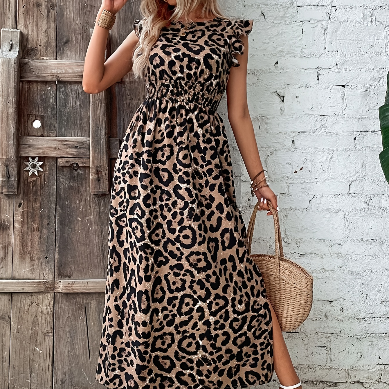 

Leopard Print Crew Neck Dress, Elegant Ruffle Sleeve Shirred Waist Split Hem A-line Dress For Spring & Summer, Women's Clothing