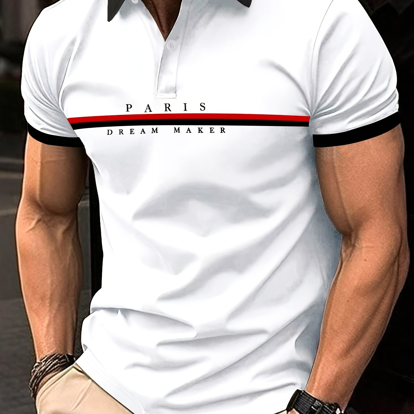 

Paris & Stripes Print Golf T-shirt For Men, Summer Stylish Business Outdoor Short Sleeve Tennis Tees For Males