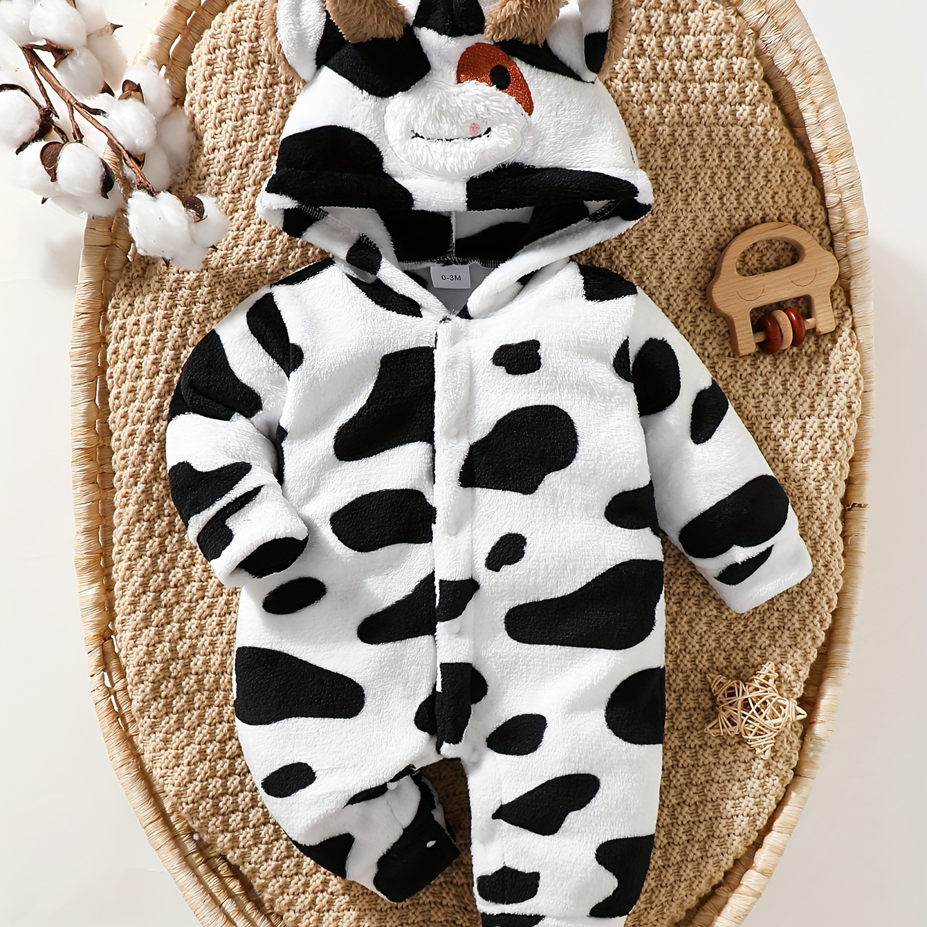 

Baby's Adorable Cow Hooded Warm Long Sleeve Romper, Toddler & Infant Boy's Bodysuit For Fall Winter