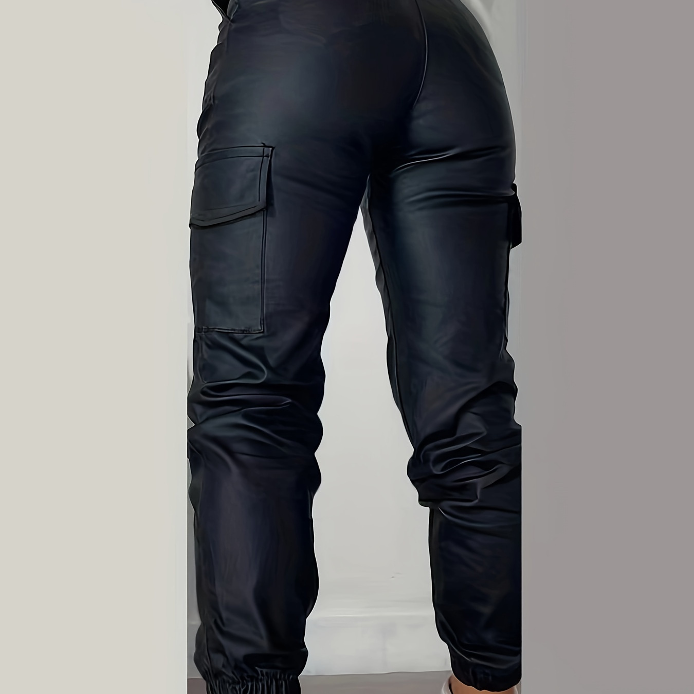 

Black Elastic Waist Leather Look Jogger Jeans, Y2k Streetwear Loose High-strech Denim Pants, Women's Denim Jeans & Clothing