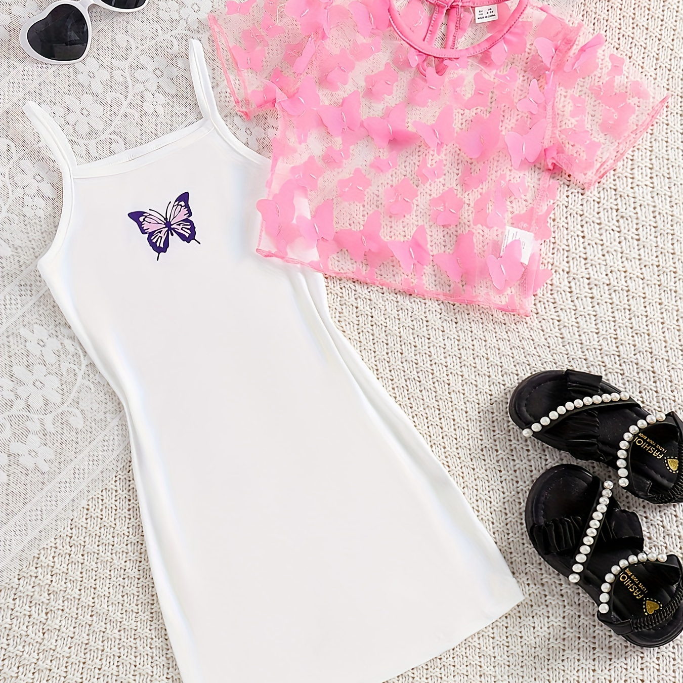 

2pcs, Girls Butterfly Print Cami Dress + Butterfly Decor Short Sleeve Top For Summer Holiday Party Gift