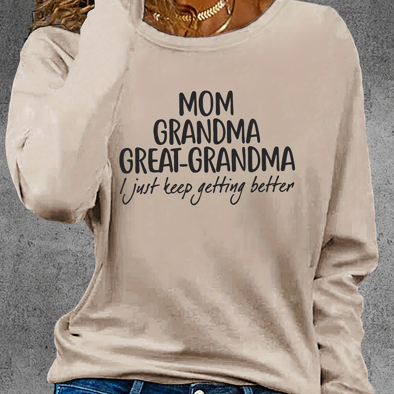 

Women's Long Sleeve Crew Neck T-shirt With "mom Grandma Great-grandma" Print - Casual Polyester Knit Top For Spring/fall With Applique Detail - Regular Length Christmas Pattern Sweater