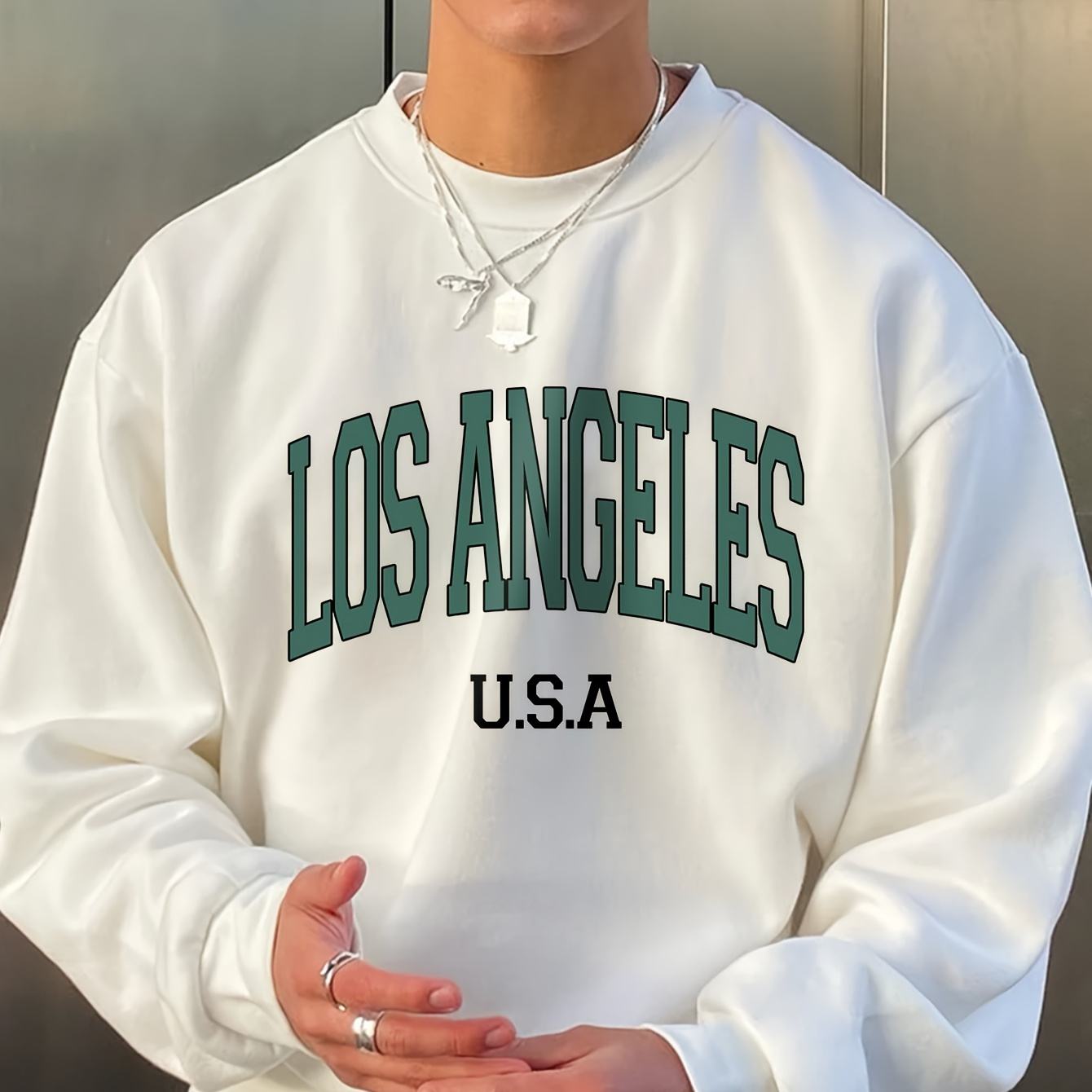

Los Angels Usa Letter Print Men's Long Sleeve Crew Neck Sweatshirt, Trendy Pullover Sweatshirt, Casual Comfortable Versatile Top For Spring & Autumn, Outdoor Sports
