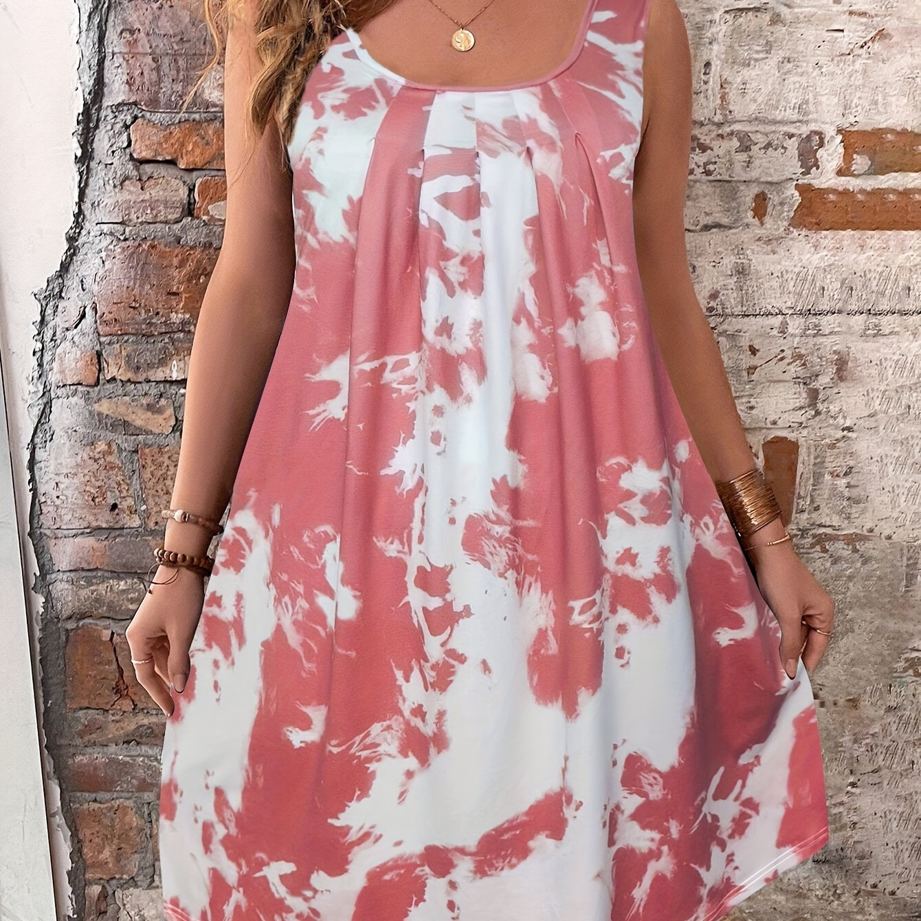 

Plus Size Tie Dye Print Pleated Tank Dress, Casual Sleeveless Dress For Spring & Summer, Women's Plus Size Clothing