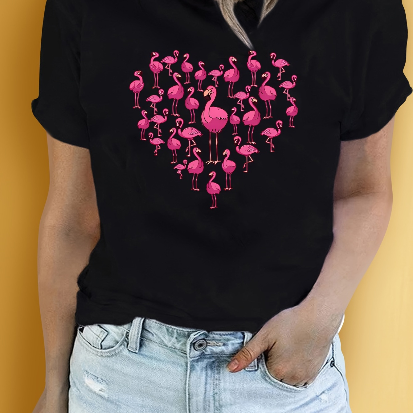 

Heart & Flamingo Print T-shirt, Short Sleeve Crew Neck Casual Top For Summer & Spring, Women's Clothing