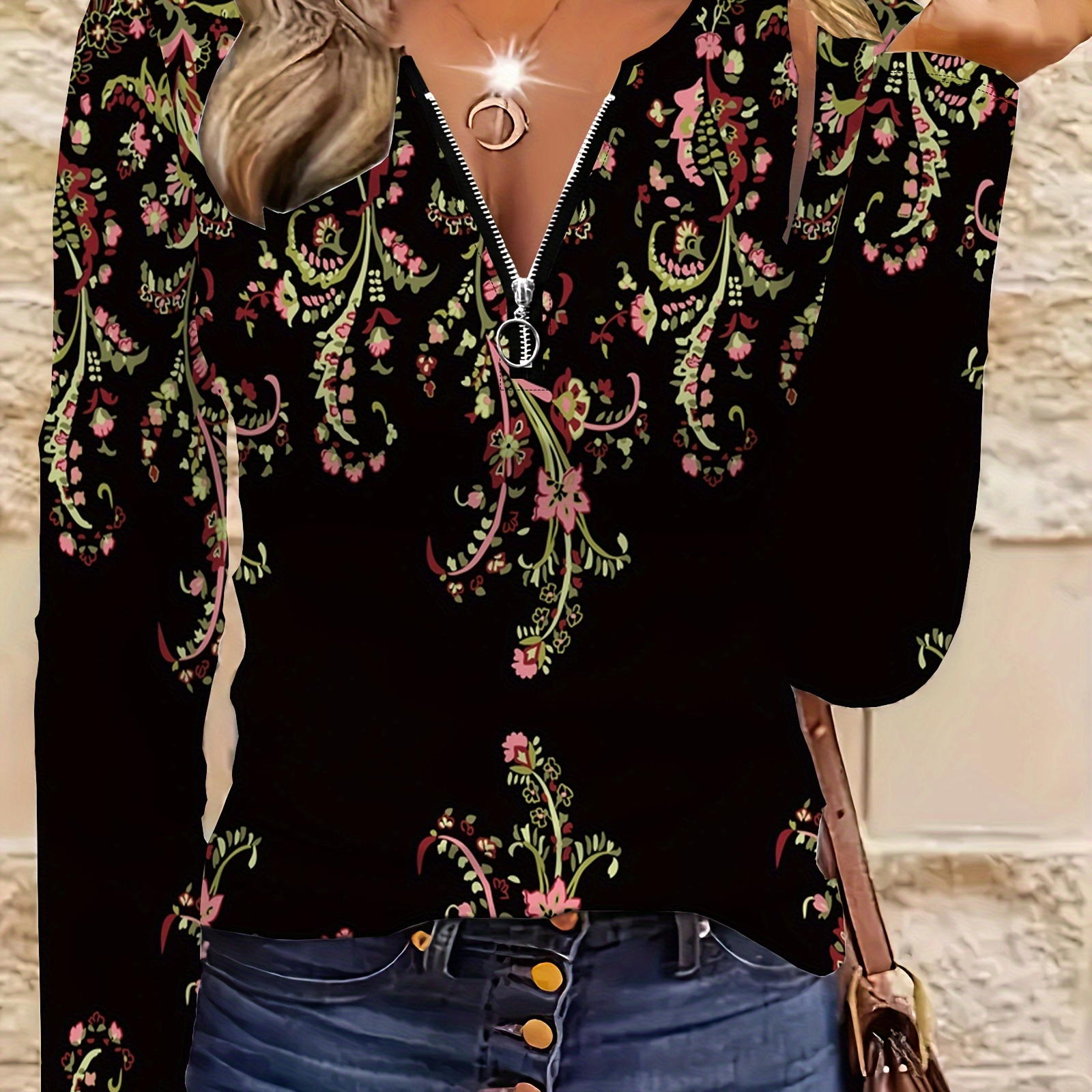 

1pc Elegant Floral Pattern Long Sleeve V-neck Zipper T-shirt For Women, Polyester Knit Fabric, 3d Digital Full , Regular Length, Fall/ Top