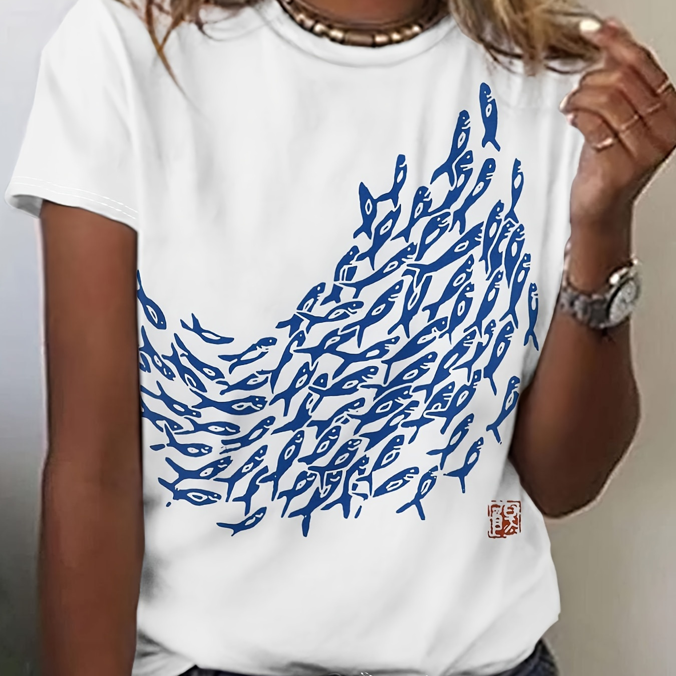 

T-shirt femme décontractée à manches courtes avec de poisson d'art japonais, tissu polyester tricoté, col rond, motif animal, collection printemps/été