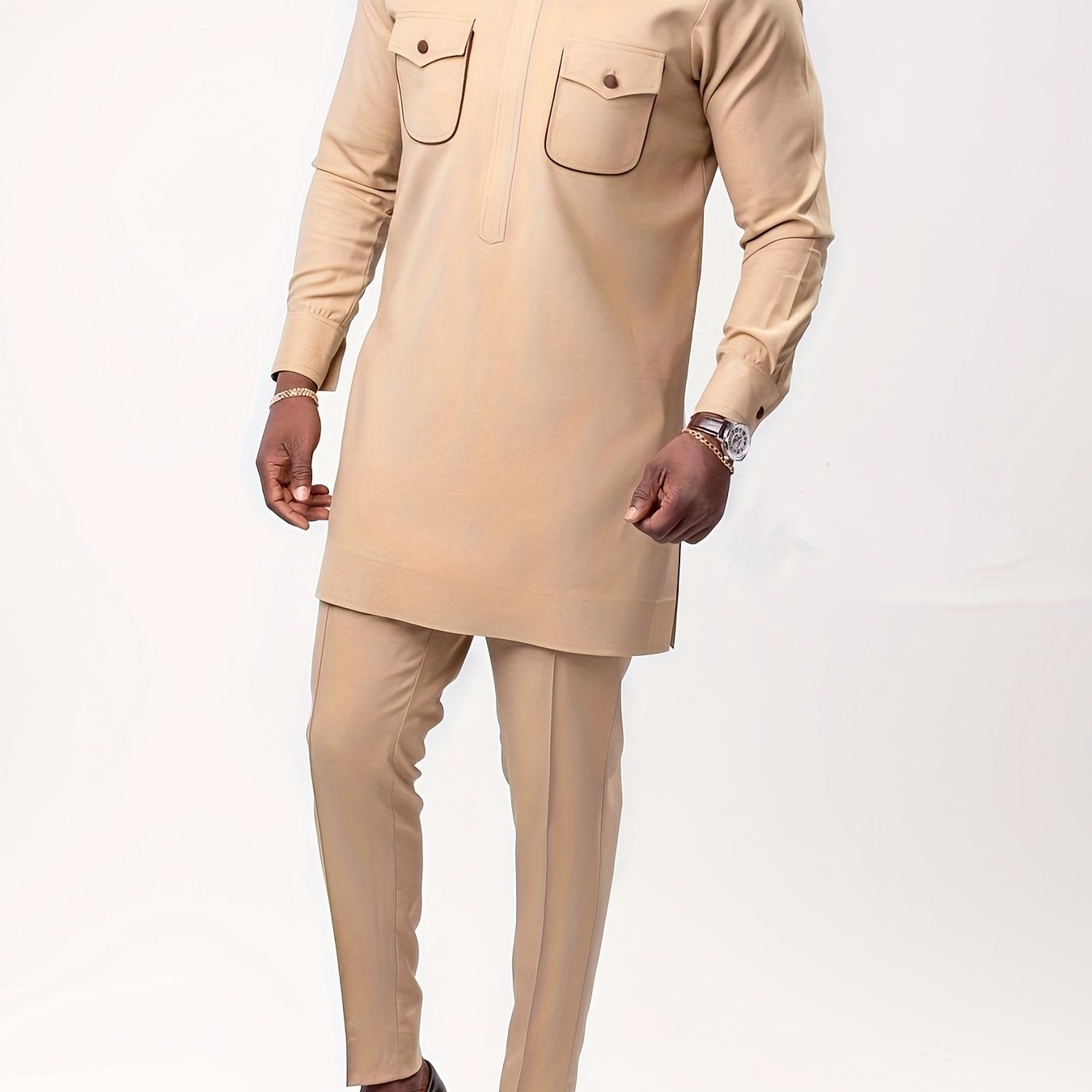 

Men's Outfit Set, Crew Neck Long Sleeve Shirt With Pockets And Trousers, 2 In 1 Set For Cultural Activities In African