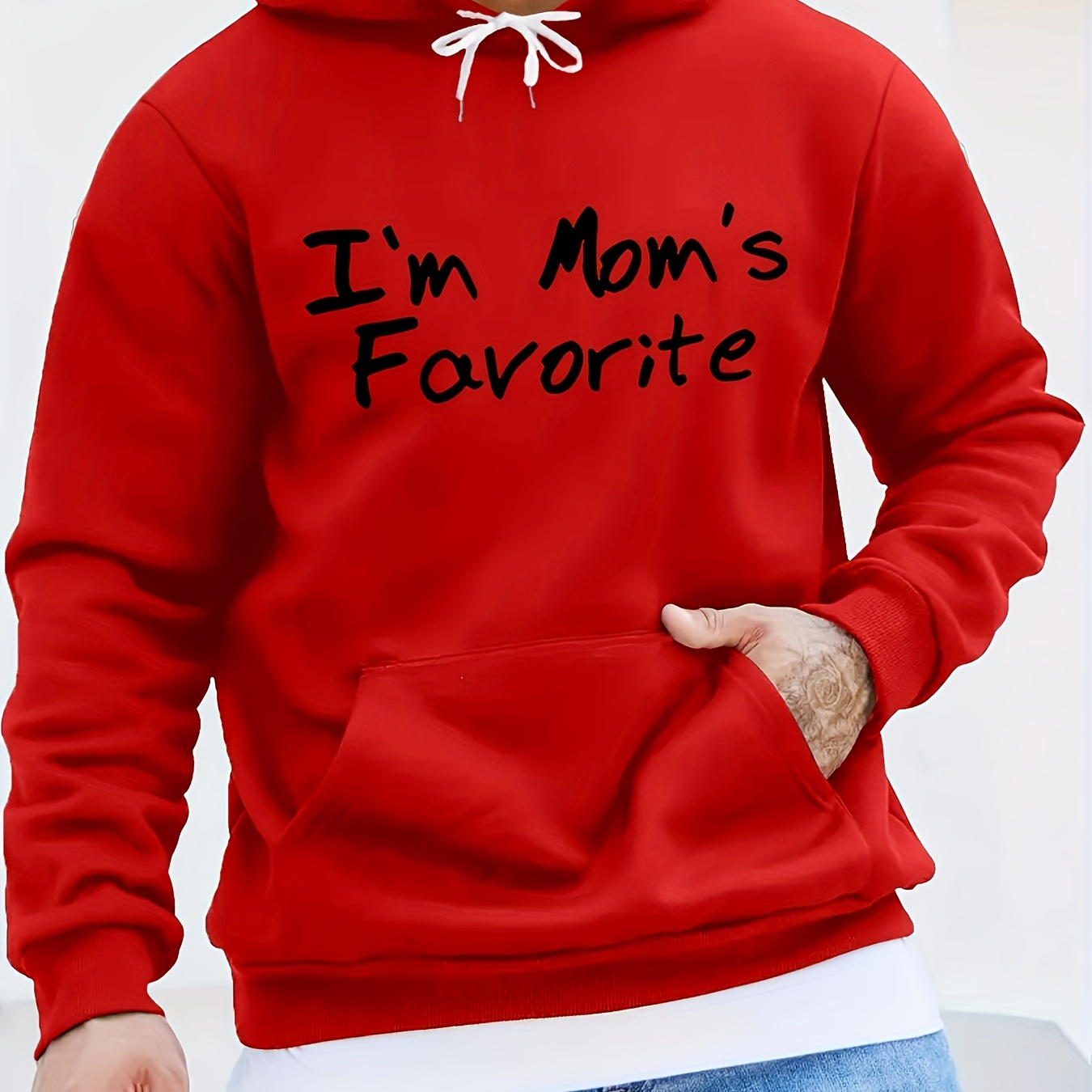 

I'm Mom's Favourite Print Kangaroo Pocket Hoodie, Casual Long Sleeve Hoodies Pullover Sweatshirt, Men's Clothing, For Fall Winter