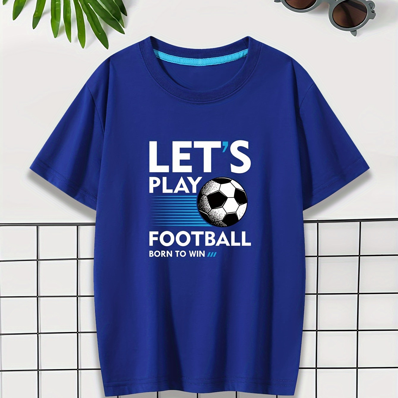 

let's Play Football"cute Cartoon Football Print T-shirt- Engaging Visuals, Casual Short Sleeve T-shirts For Boys - Cool, Lightweight And Comfy Summer Clothes!