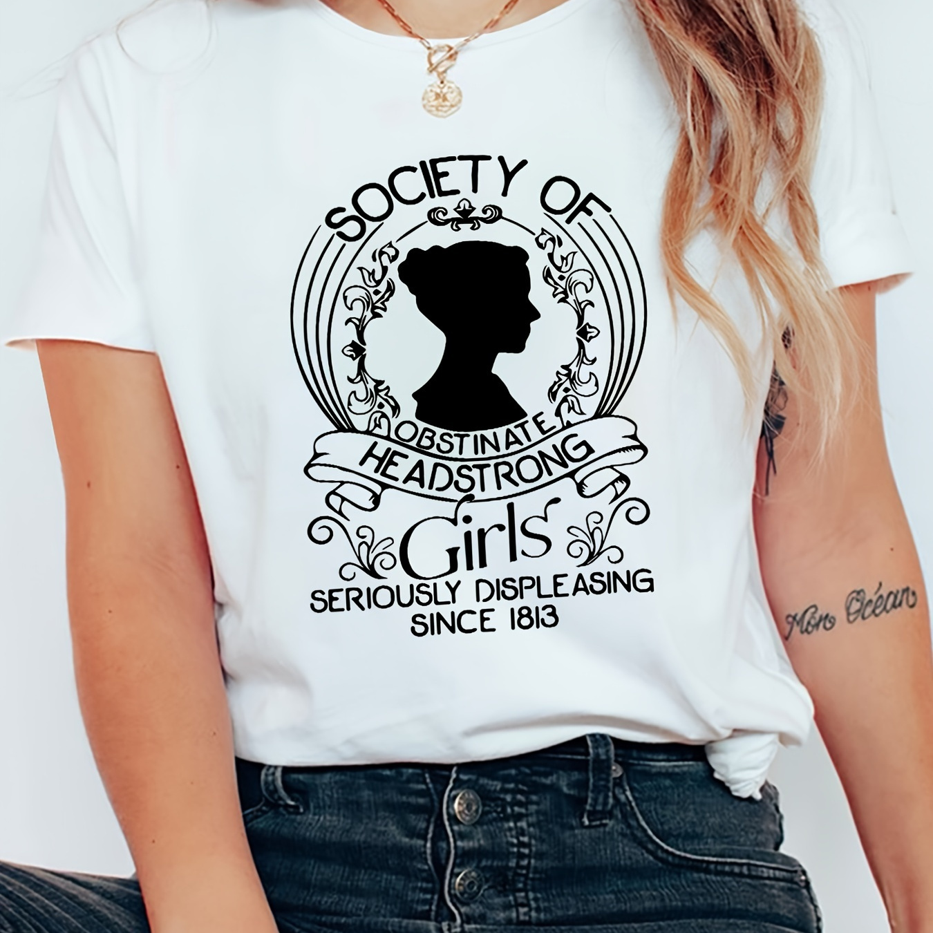 

Women's Casual Loose Fit Summer T-shirt, "society Of" Female Silhouette Graphic, Comfortable Tee, Stylish Streetwear Tops