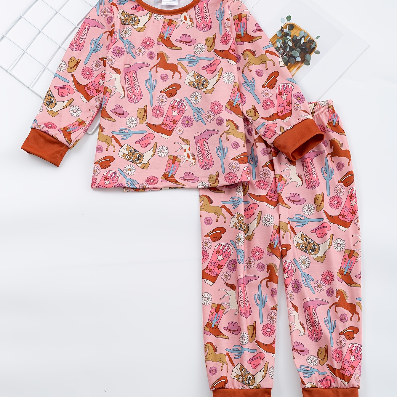 

2pcs Kid's Comfy Pajamas, Long Sleeve Top & Pants Set, Cartoon Pattern Allover Print Pj Set, Girl's Loungewear