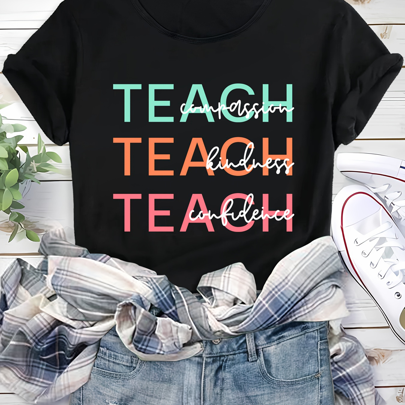 

Women's Colorful Letter "teach" Print Loose-fit T-shirt, Casual Style, Round Neck, Short Sleeve, Soft Fabric, Versatile Top For Teachers