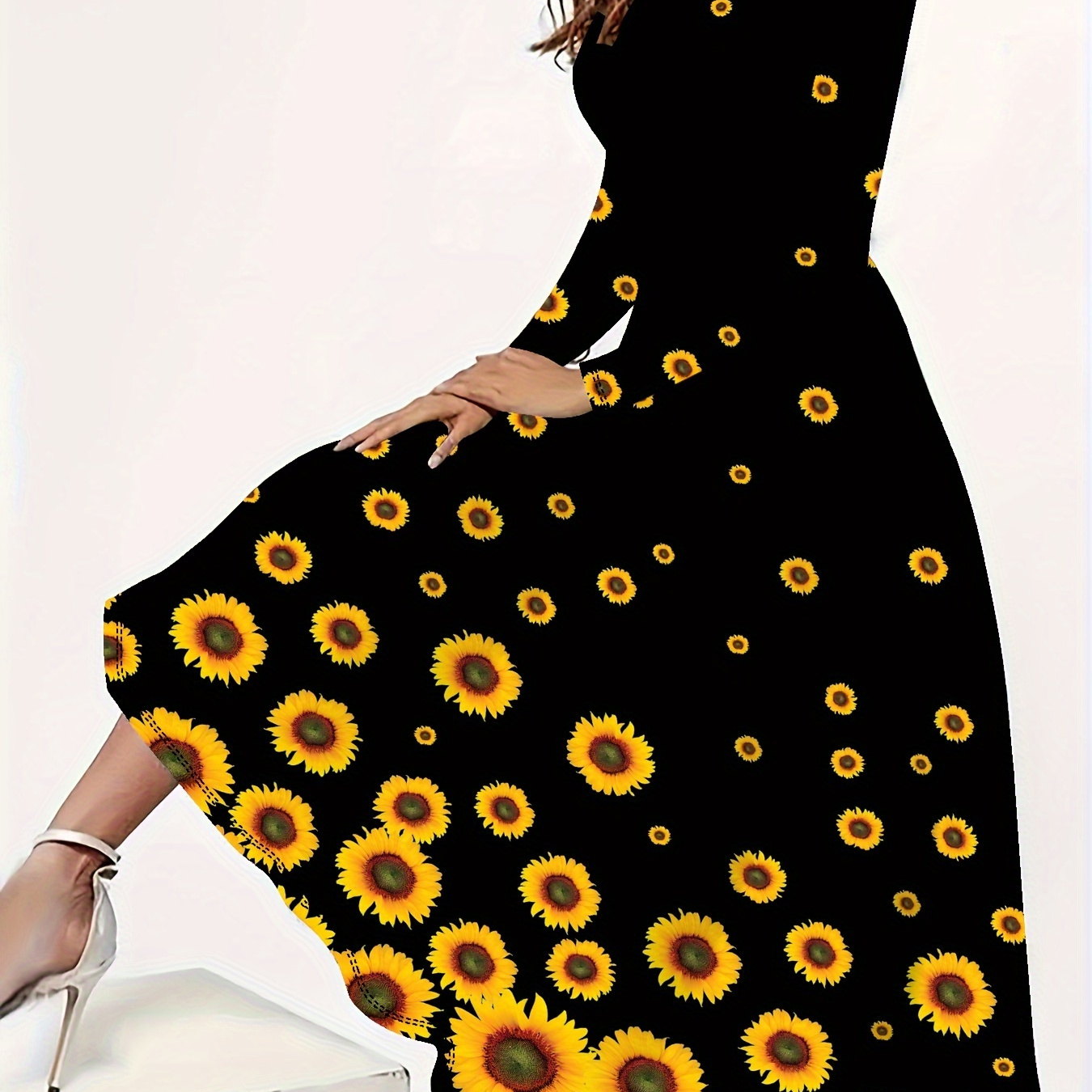 

Plus Size Sunflower Print Longline Dress, Vacation Style Longline Long Sleeve Crew Neck Dress For Spring & Fall, Women's Plus Size Clothing