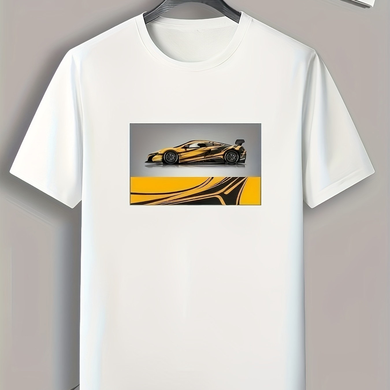 

Yellow Sportscar Print, Men's Trendy Comfy T-shirt, Active Slightly Stretch Breathable Tee For Outdoor Summer