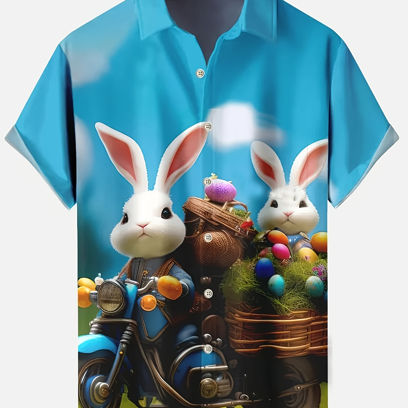 

Men's Casual Short Sleeve Shirt With Bunny & Easter Basket Print, 100% Polyester, Woven, Stretch, Loose Fit, Lapel Collar, Regular Length, Summer Wear, 120g/m² - Button Detail