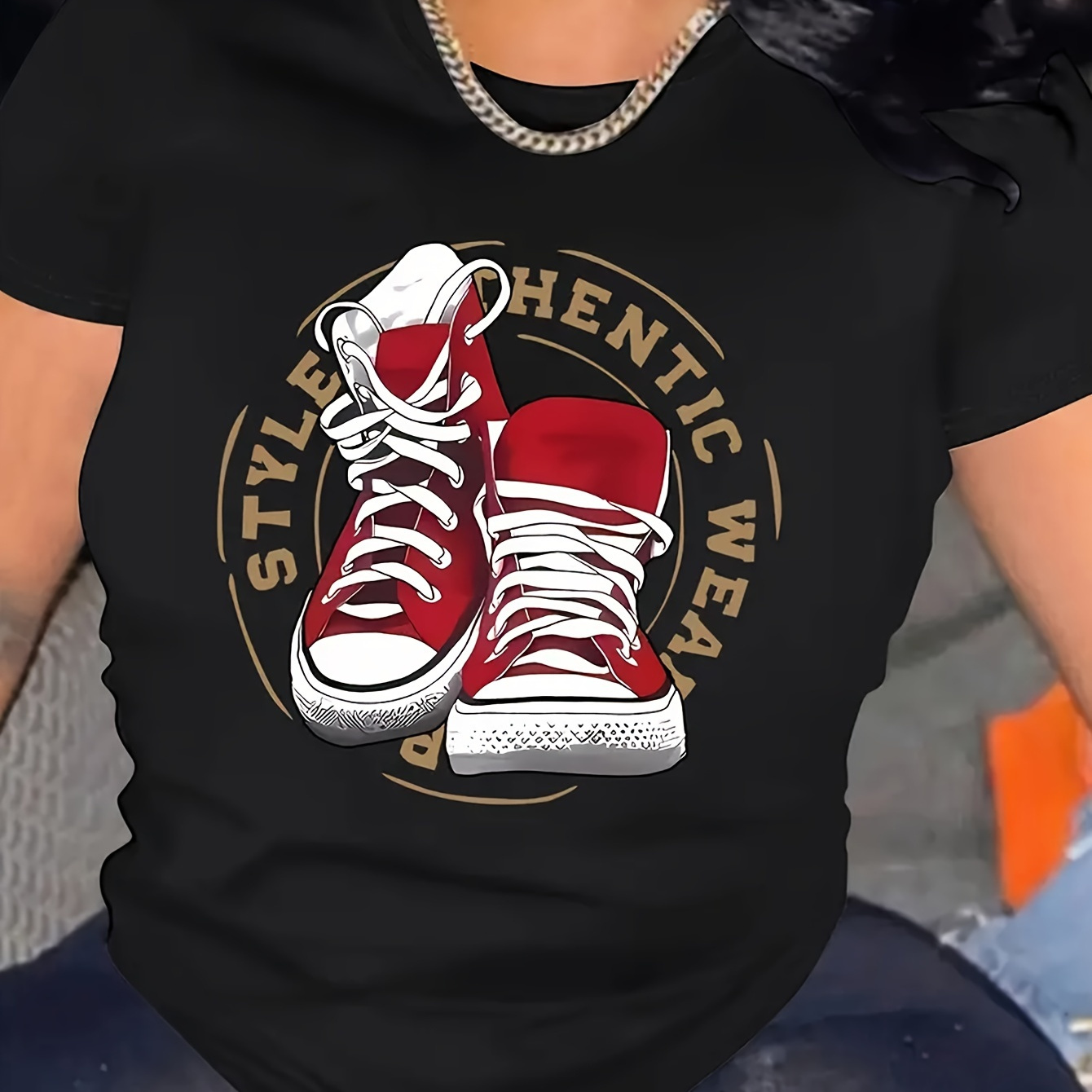 

T-shirt à imprimé lettres et chaussures grande taille, haut décontracté à manches courtes et col rond pour l'été et , vêtements grande taille pour femmes