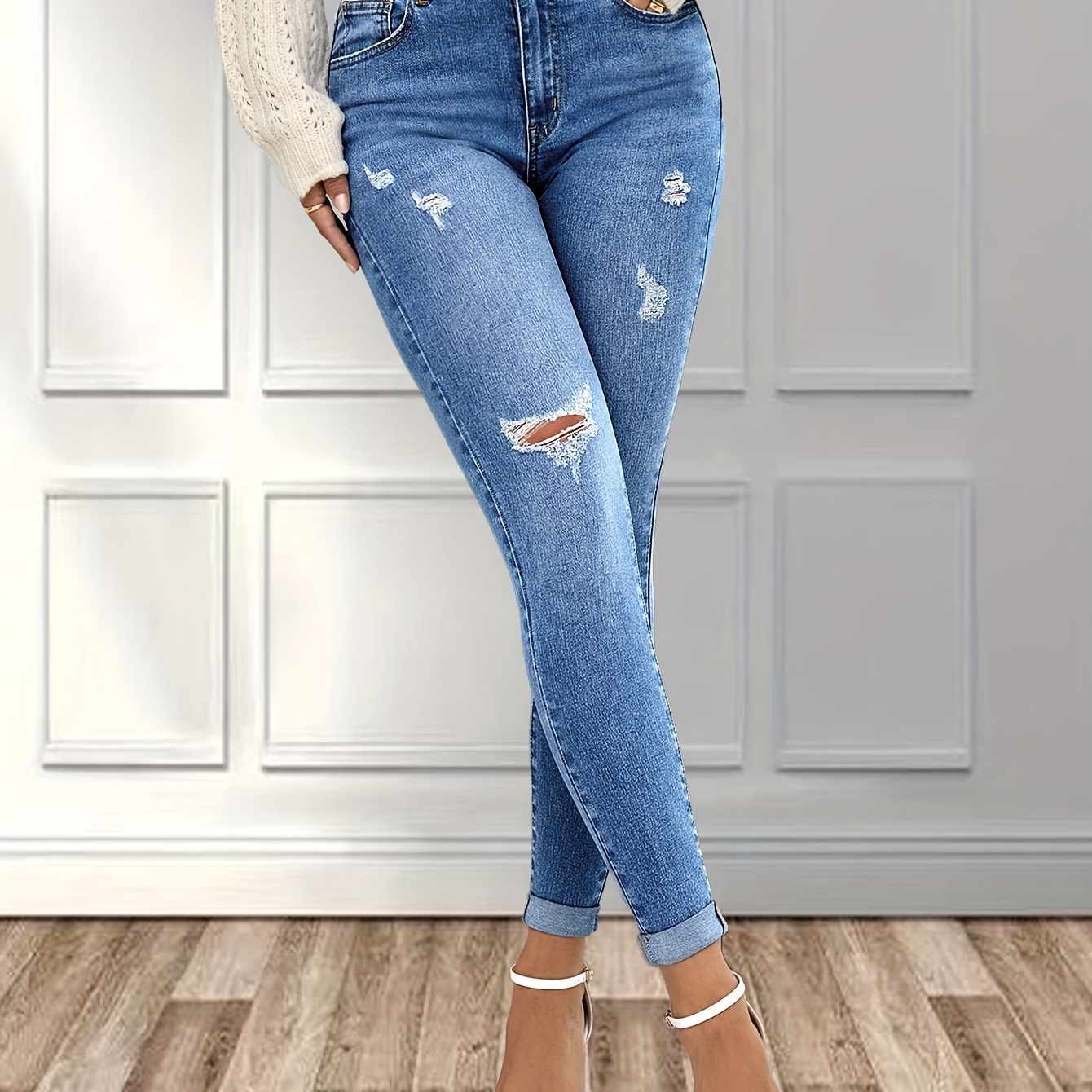 

Roll Up Hem Skinny Jeans, Ripped Holes Distressed Washed Versatile Denim Pants, Women's Denim Jeans & Clothing