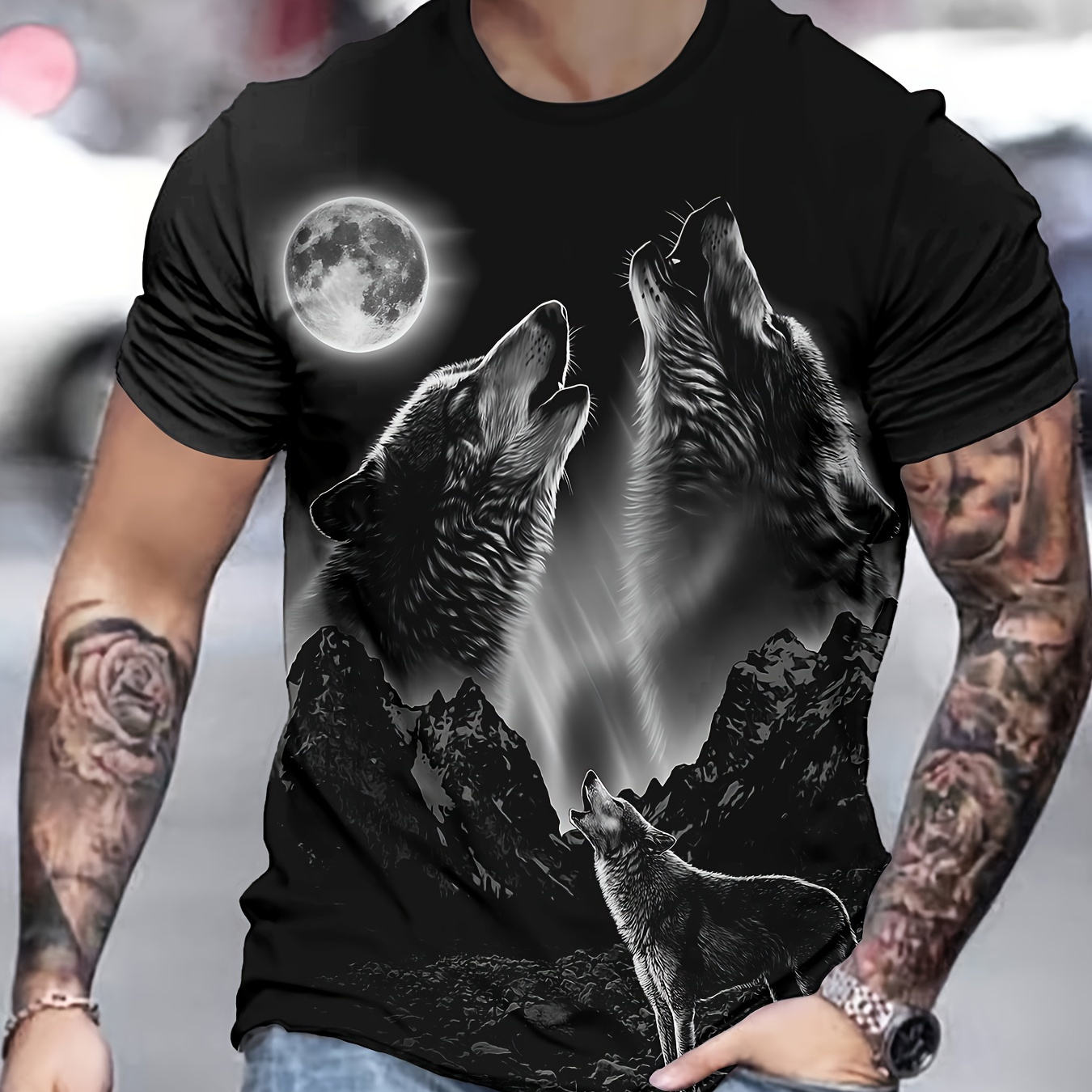

Men's Wolves Graphic Print T-shirt, Short Sleeve Crew Neck Tee, Men's Clothing For Summer Outdoor