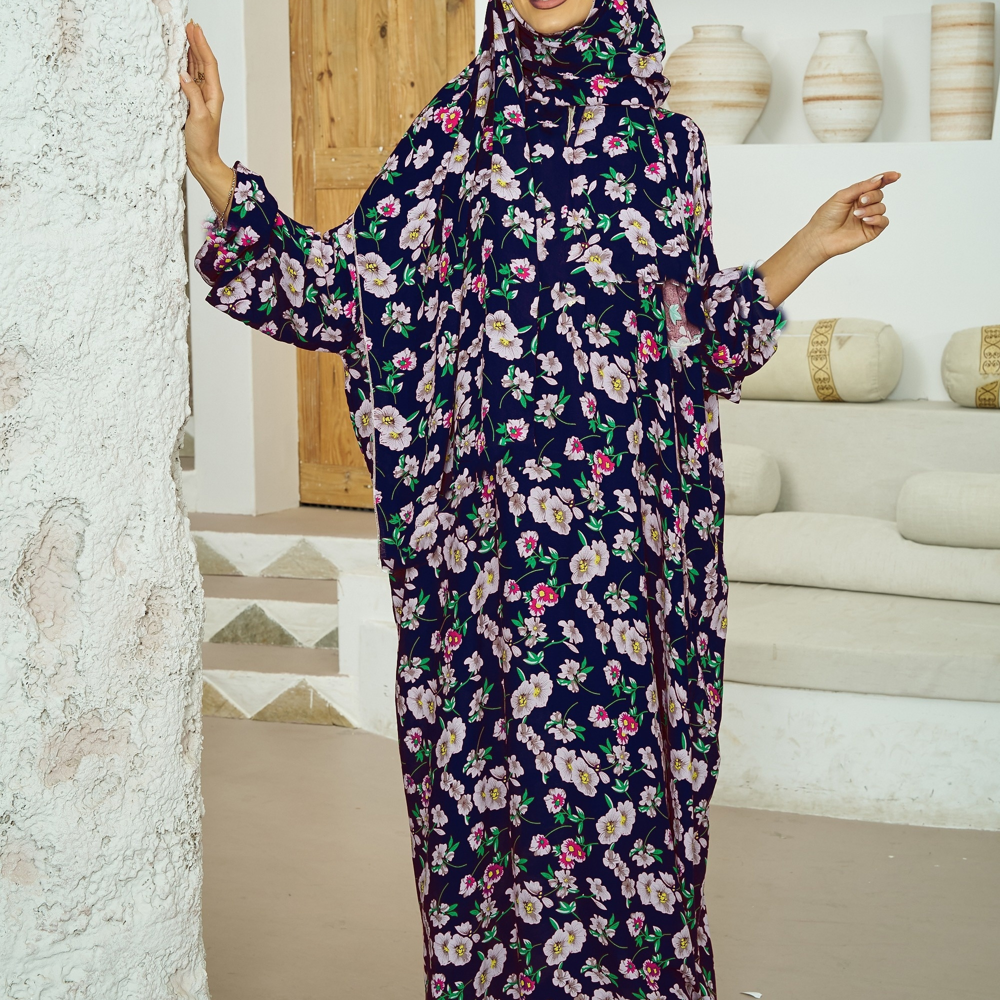 

Ramadan Floral Print Loose Hijab Modest Dress, Casual Long Sleeve Maxi Length Dress, Women's Clothing