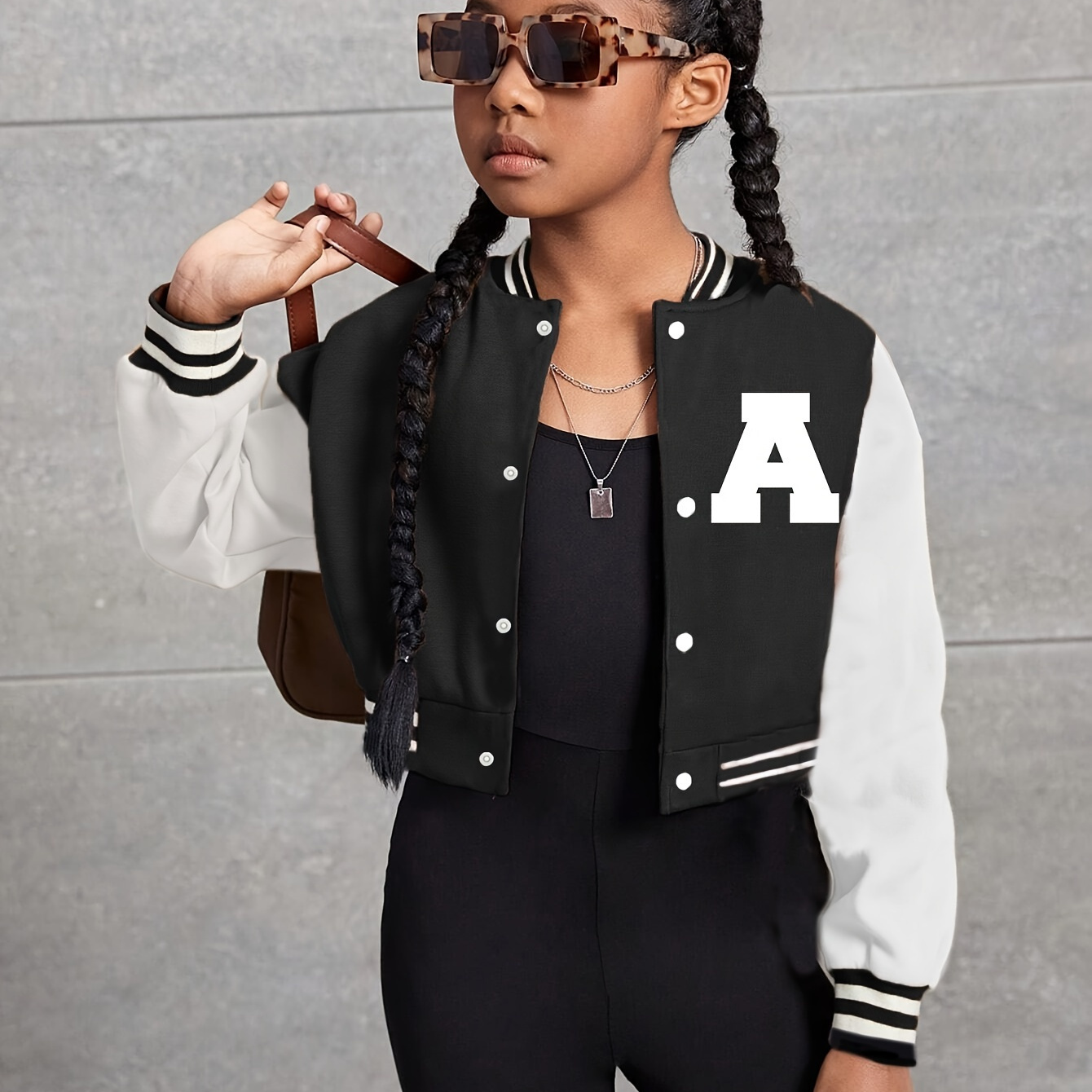 

Girl's Fashion Outdoor Cropped Jacket With Simple A Logo Print, Comfy Casual Two-tone Color Block Outerwear For Daily And Outdoor, Fall And Winter