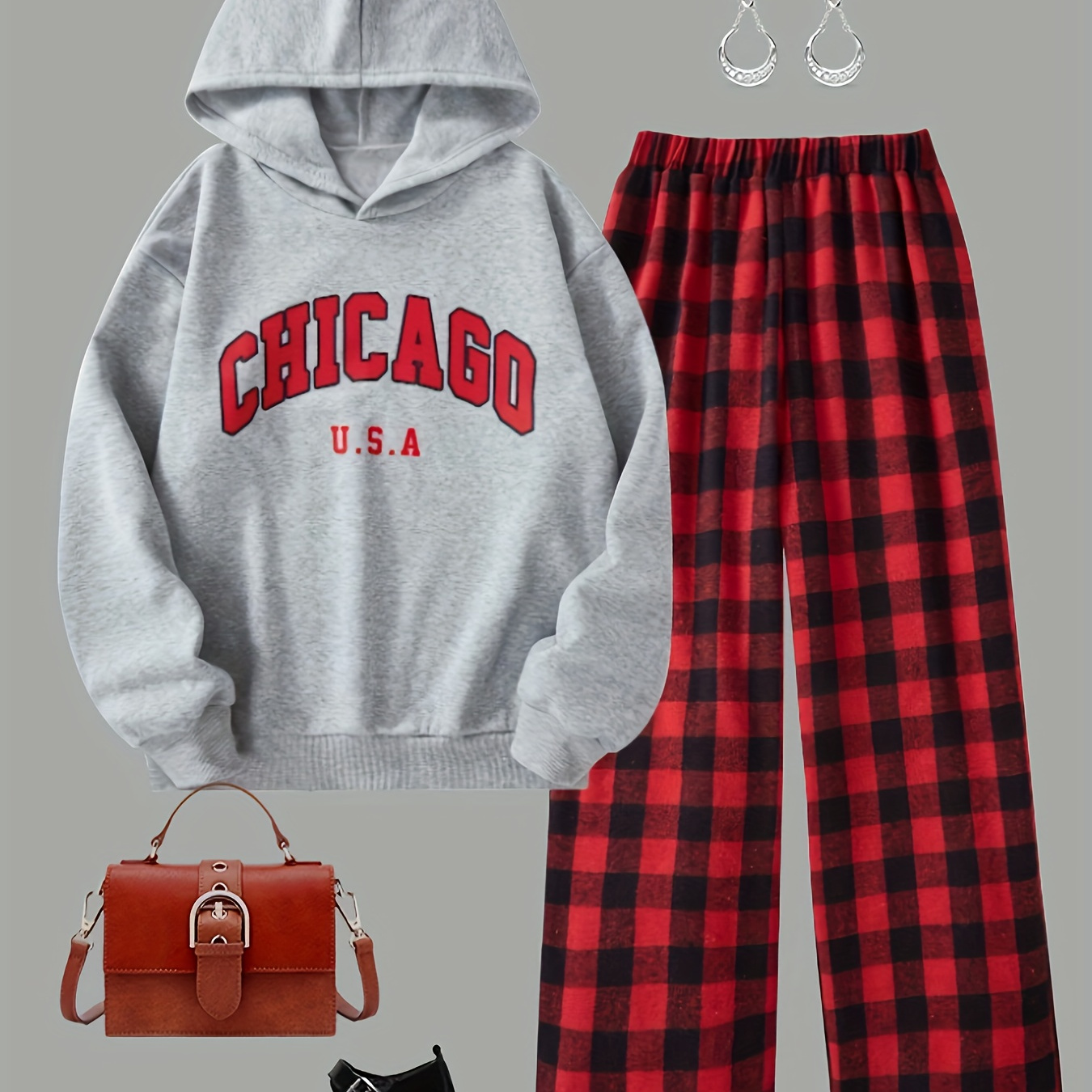 Girls' Two-piece Set for Spring And Autumn: A Long-sleeved Hooded Top with Letter Prints, Paired with Versatile Plaid Pants. This Set Is Designed for Daily Casual Wear, Suitable for Middle to Older Children, And Offers Comfort to Young Girls., Perfect for Outdoor