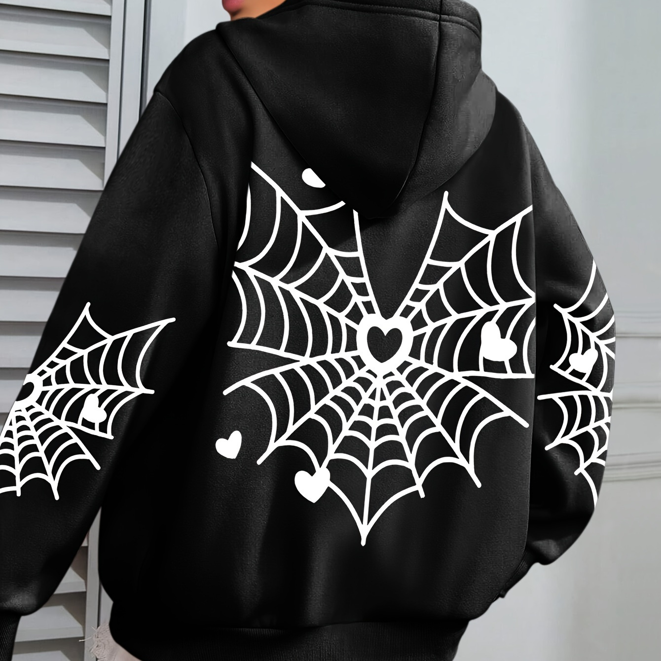 

Plus Size Spider Web Print Kangaroo Pocket Hoodie, Casual Long Sleeve Drawstring Hoodies Sweatshirt For Spring & Fall, Women's Plus Size Clothing