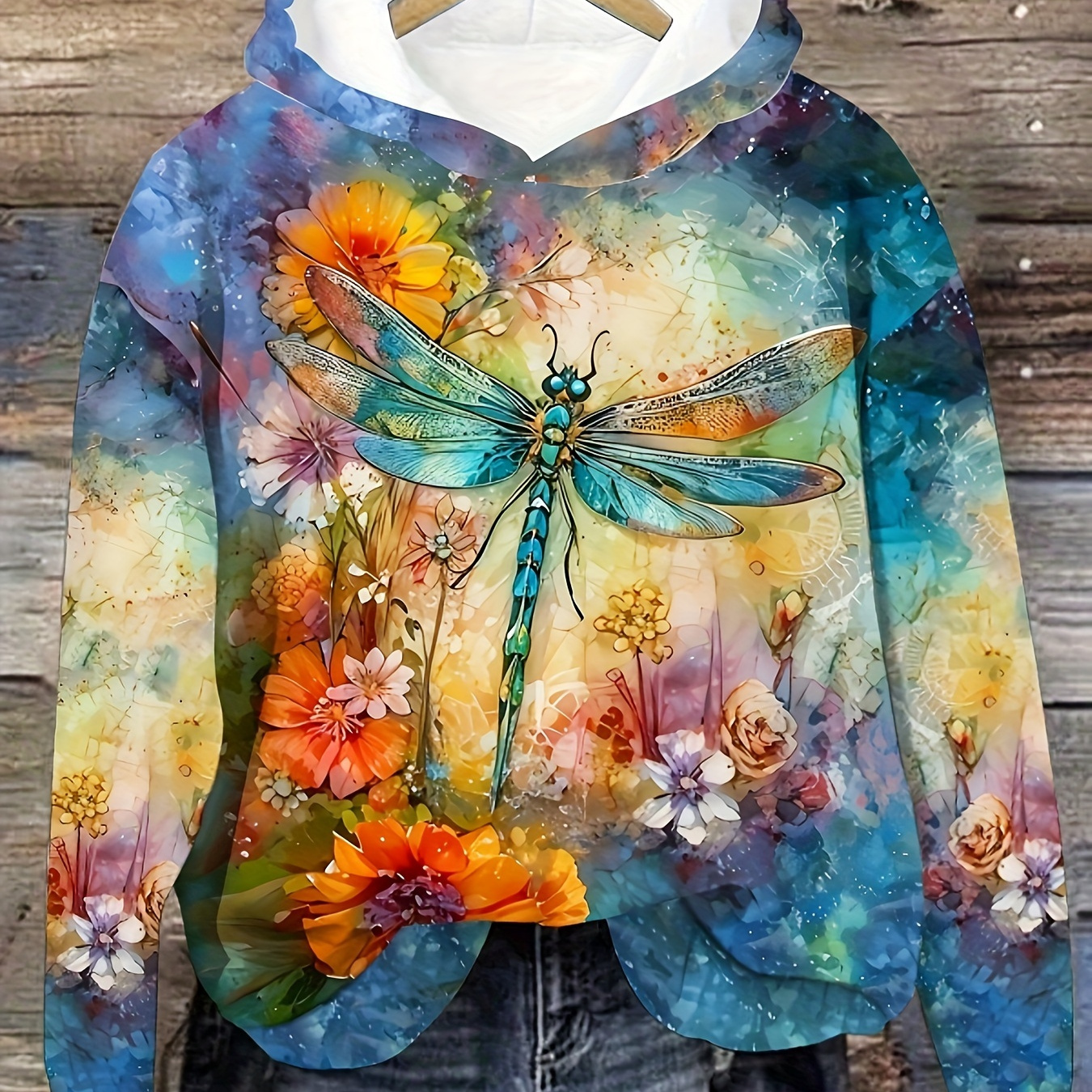 

Dragonfly And Floral Print Hooded Sweatshirt - Casual Polyester 100% Knit Fabric, Long Sleeve Pullover Hoodie For Fall/winter