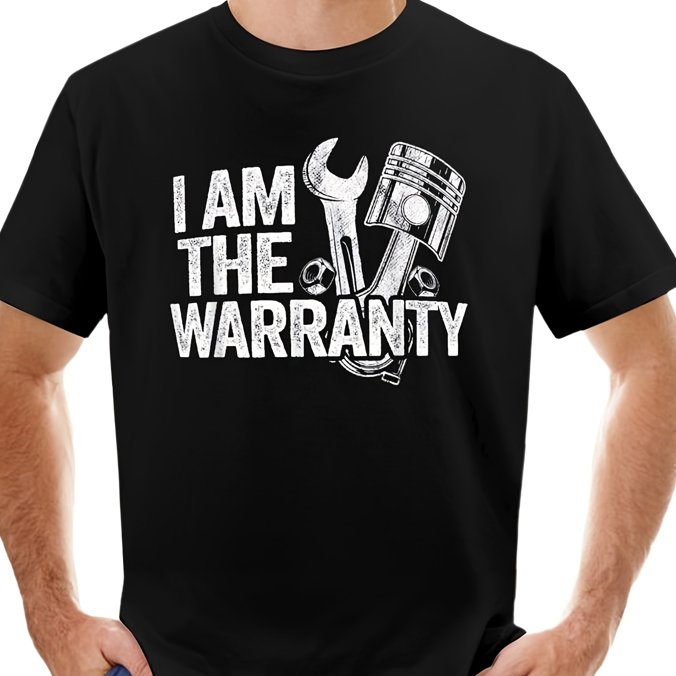 

Funny Mechanic Graphic Cotton T-shirt For Men - "i Am The Warranty" Print, Casual Crew Neck, Short Sleeve, Knit Fabric, Black With , Fall/winter