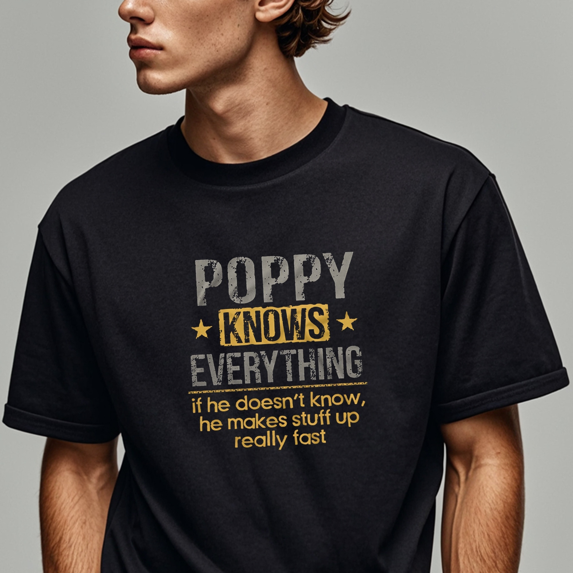 

Poppy Knows Everything Funny Black T Shirts For Men With Sayings Crew Neck Casual Soft 100% Cotton Original Running Mens Graphic Cotton T Shirts 4 Seasons