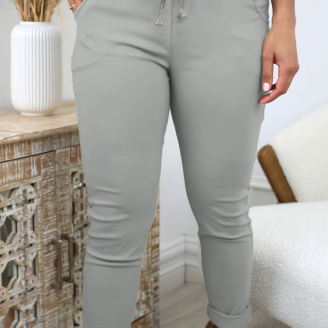 

Plus Size Tie Waist Pants, Casual Solid Color Pocket Slim Pants For Spring & Summer, Women's Plus Size Clothing