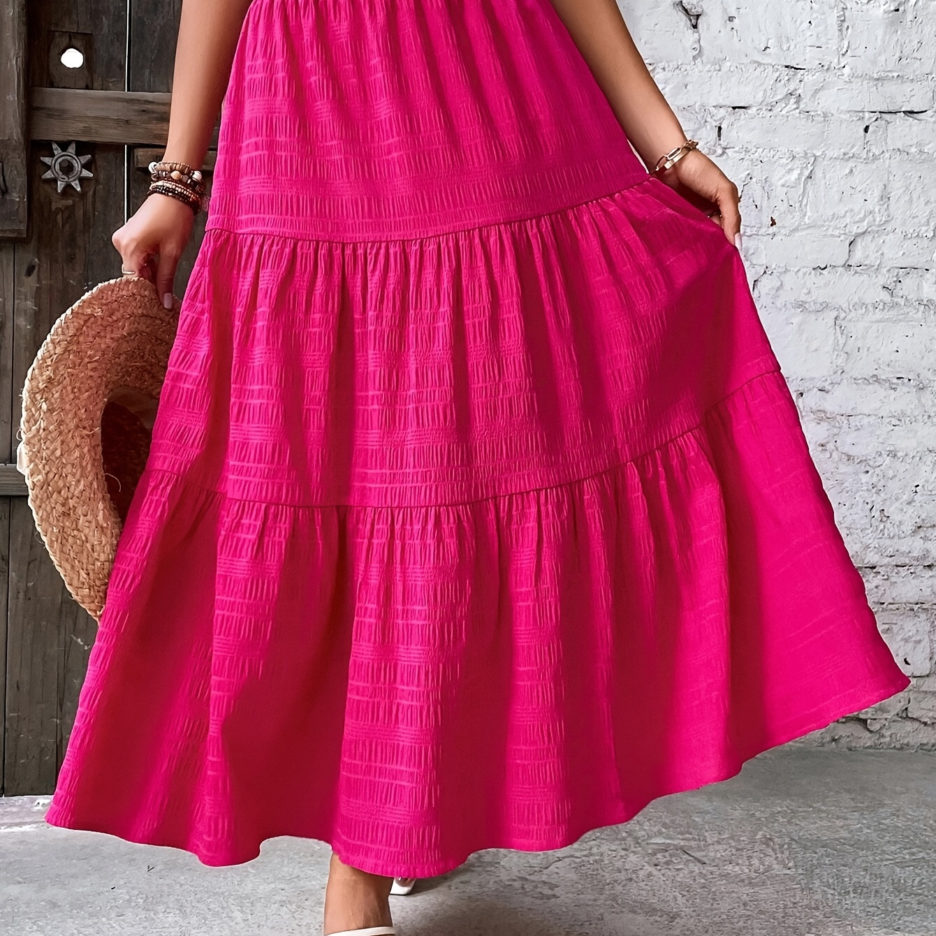 Jupe trapèze mi-longue élégante de couleur unie avec détail à volants, taille élastique, tissu tissé en polyester, léger 100 g/m² pour la saison printemps/automne