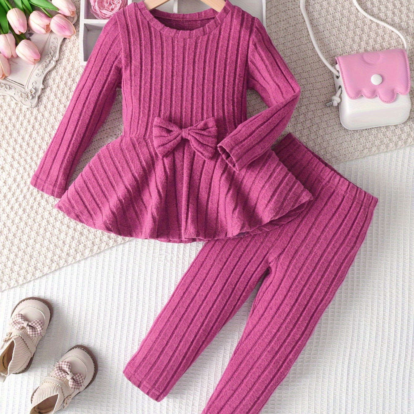 

2pcs Girl's Outfit Bow Long Sleeve Peplum Top + Leggings Rib-knit Co-ords Set, Comfy Casual Girls Spring/fall Clothes
