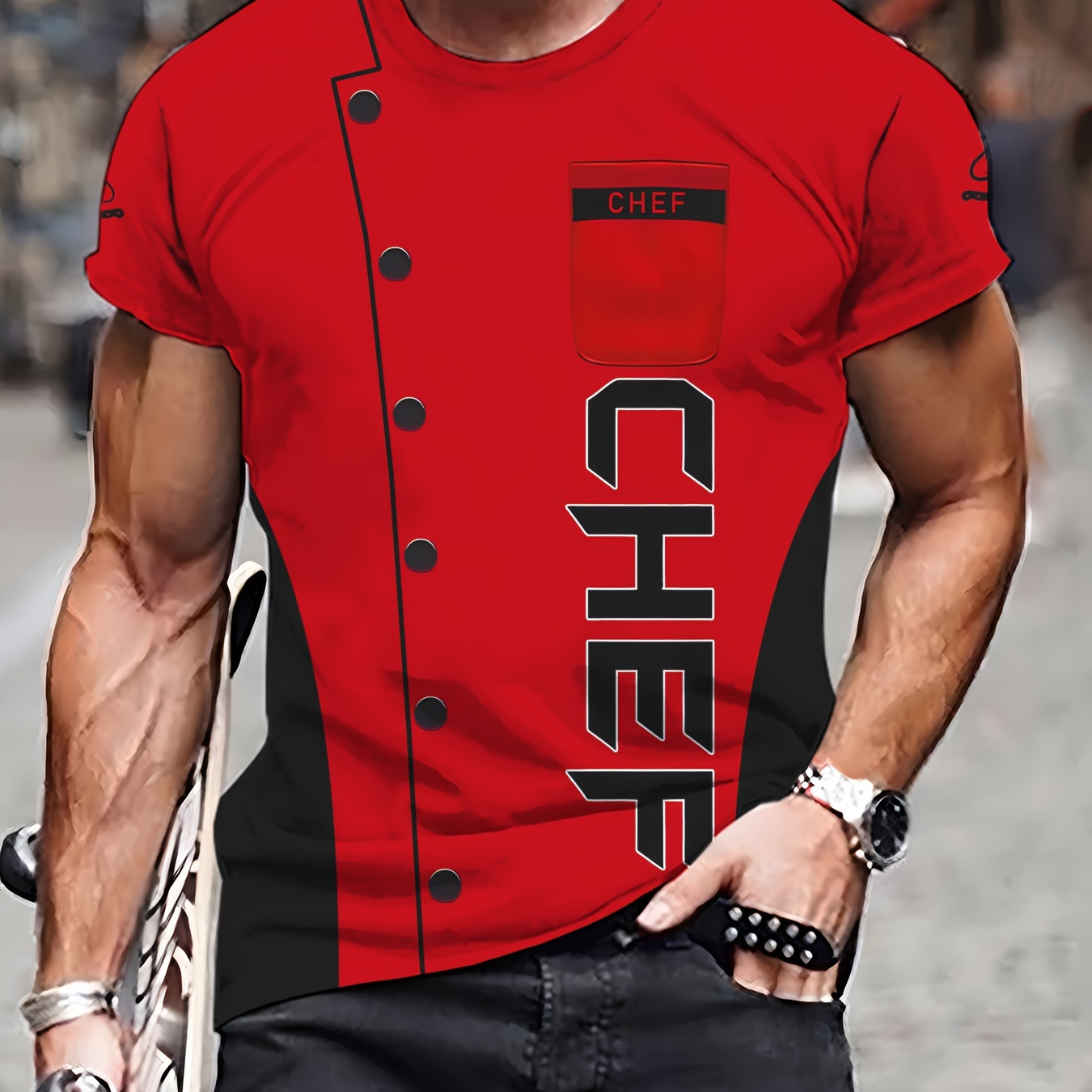 

Chef Alphabet Print Men's Crew Neck Short Sleeve T-shirt, Casual Summer T-shirt For Daily Wear And Vacation Resorts