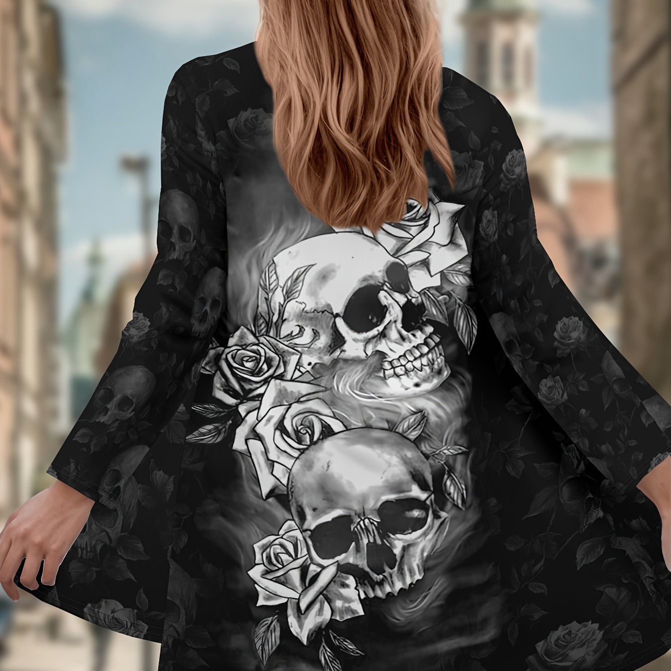 

1pc Plus Size Casual V-neck Overcoat, Women's Skull And Rose Print Long Sleeve Cardigan, Polyester Knit Fabric With Stretch, Open Front Spring/fall Outerwear