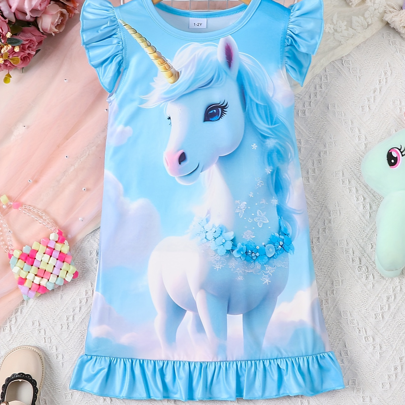 

3d Unicorn Pattern Print Girls Nightdress Flutter Sleeve Comfortable & Cute Style Princess Pajamas For Girls, Kids' Cozy Loungewear Sleep Dress