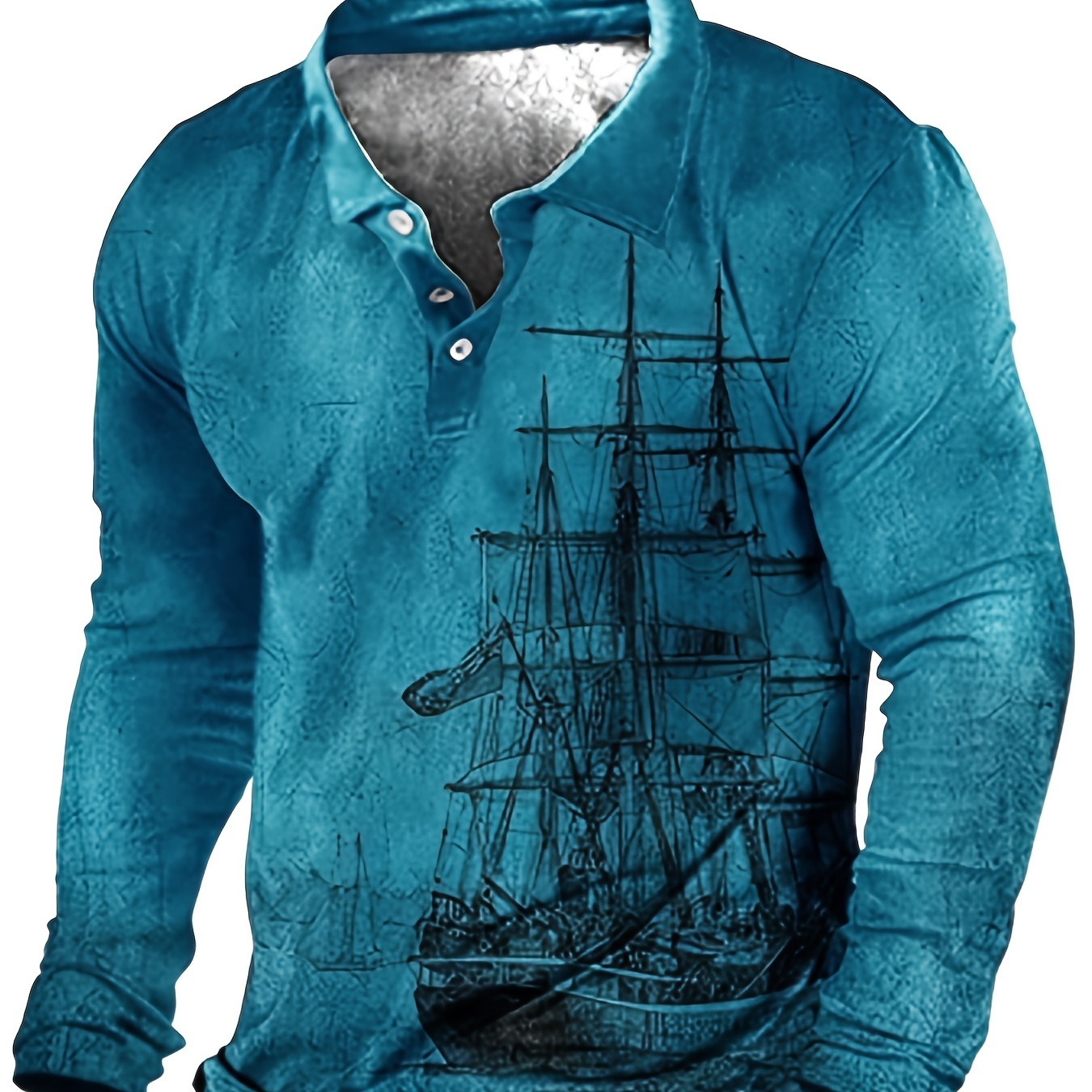 

Plus Size Men's 3d Sailboat Print Lapel Shirt For Spring/autumn, Oversized Long Sleeve Golf Shirt For Males, Men's Clothing