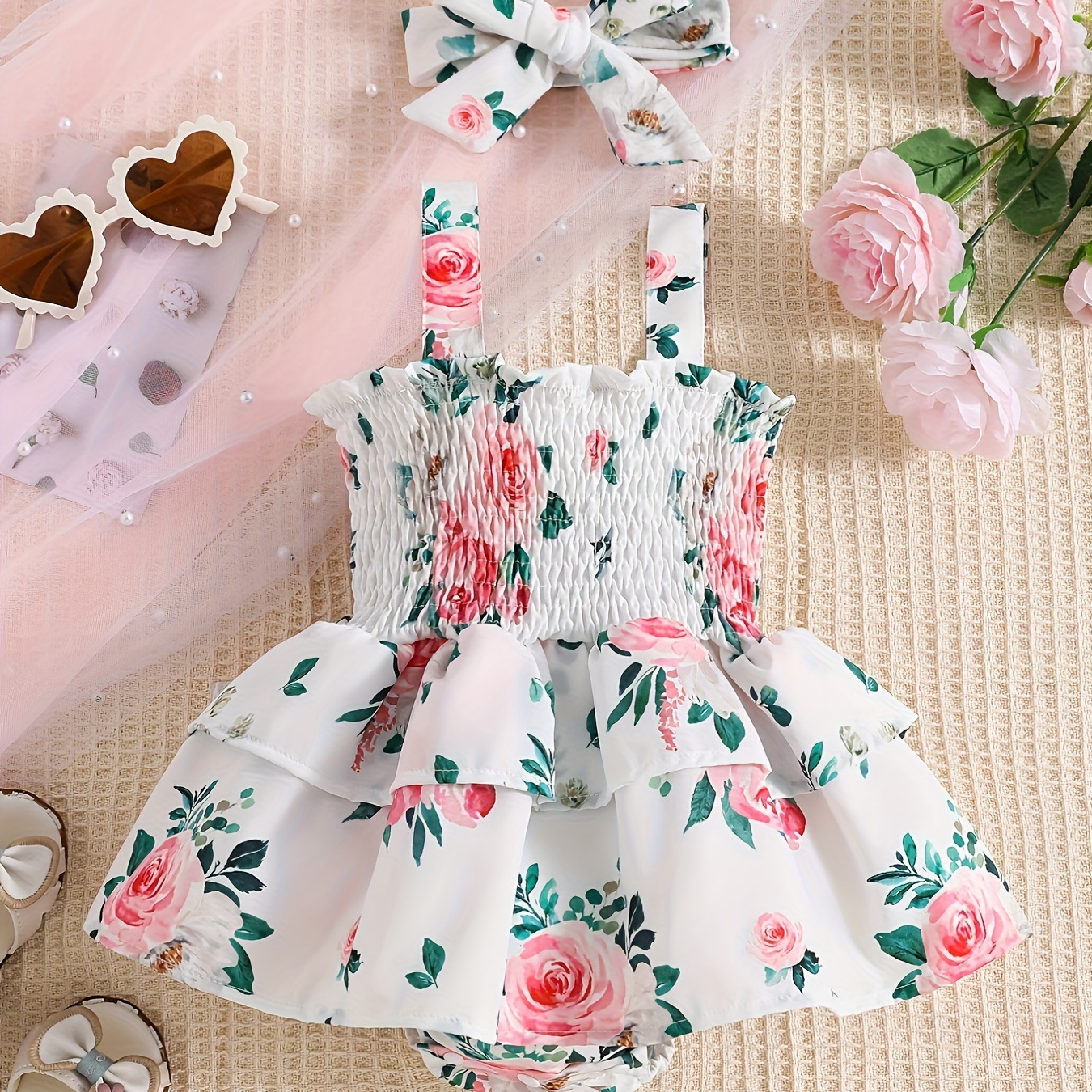 

Baby Girl's White Rose Print Camisole Jumpsuit With Triangular Jumpsuit Skirt And Headscarf Two-piece Set For Summer New Style