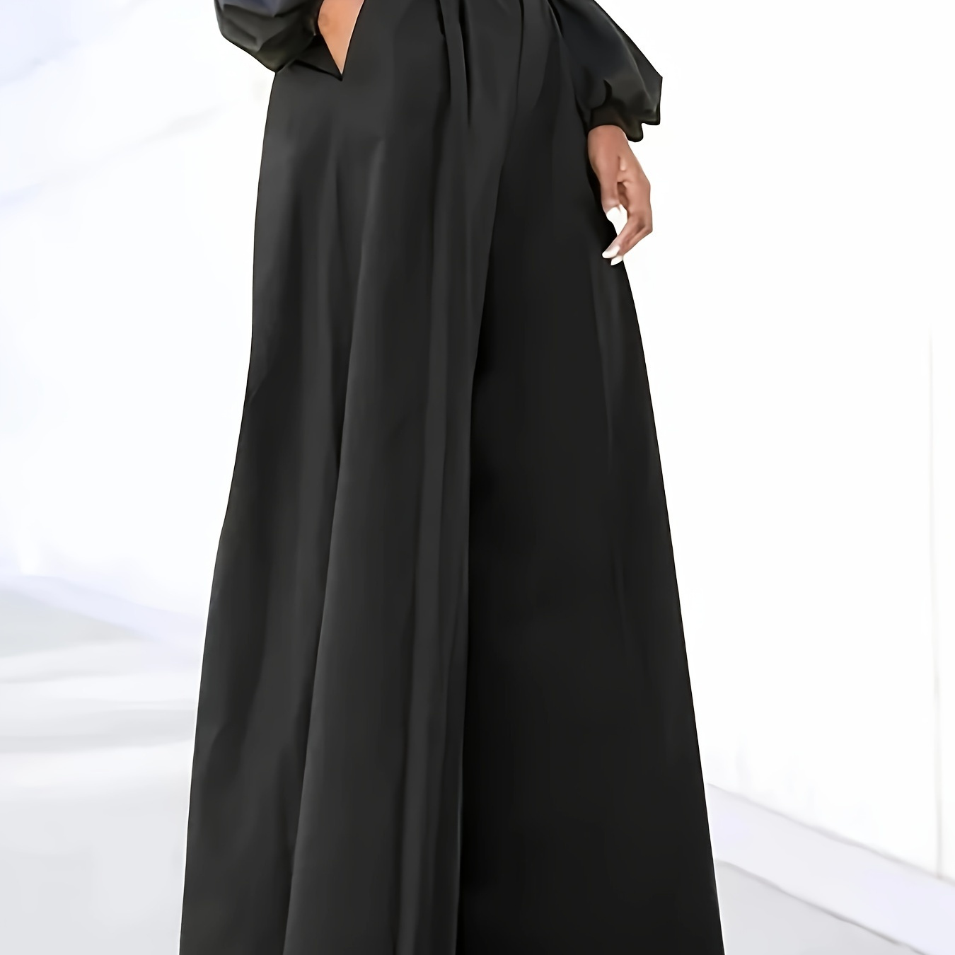 

Elegant High-waisted Wide Leg Culottes With Pockets, Solid Color Polyester Blend (95% Polyester, 5% Spandex), All-season Woven Pants For Women