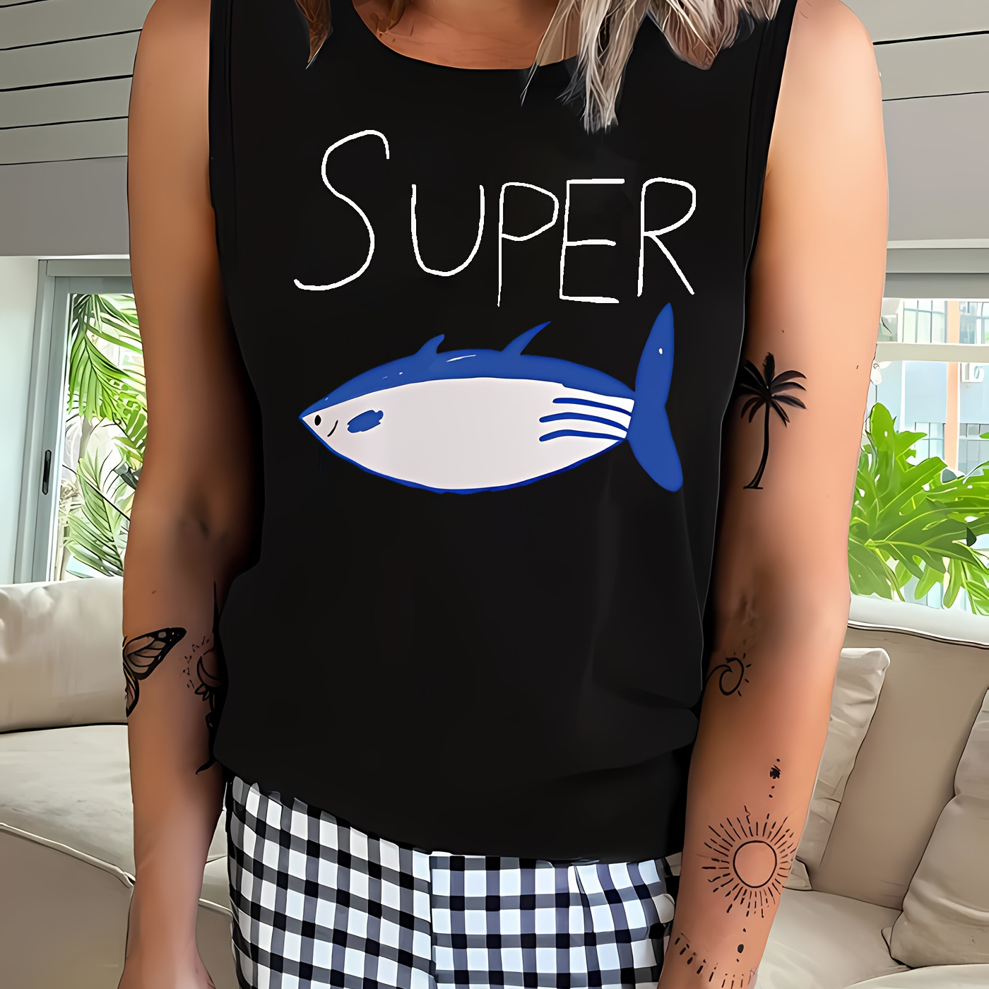 

Women's Casual Crew Neck Tank Top With Super Tuna Graphic - Polyester Blend, Comfortable Knit Fabric, Sleeveless Animal Pattern Vest For All Seasons