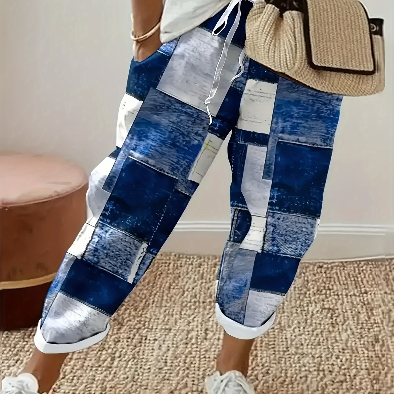 

Plus Size Patchwork Print Pants, Casual Drawstring Waist Pants For , Women's Plus Size Clothing