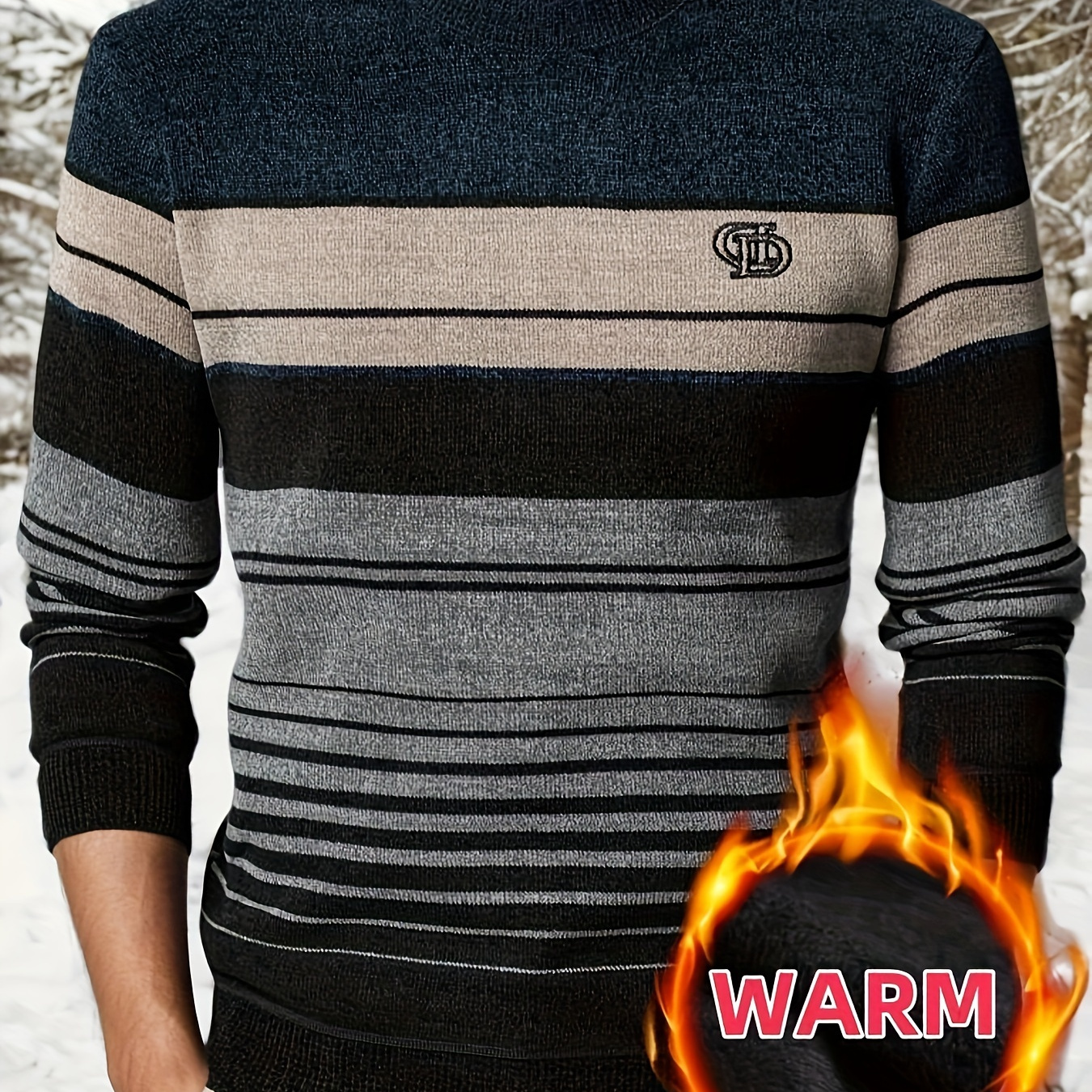 

Men's Striped Sweater With Embroidered Lettering, Design, Crew Neck - Casual Pullover For Outdoor Sports, Fleece-lined Warm Knit Top For Winter, Khan, Medium Elasticity