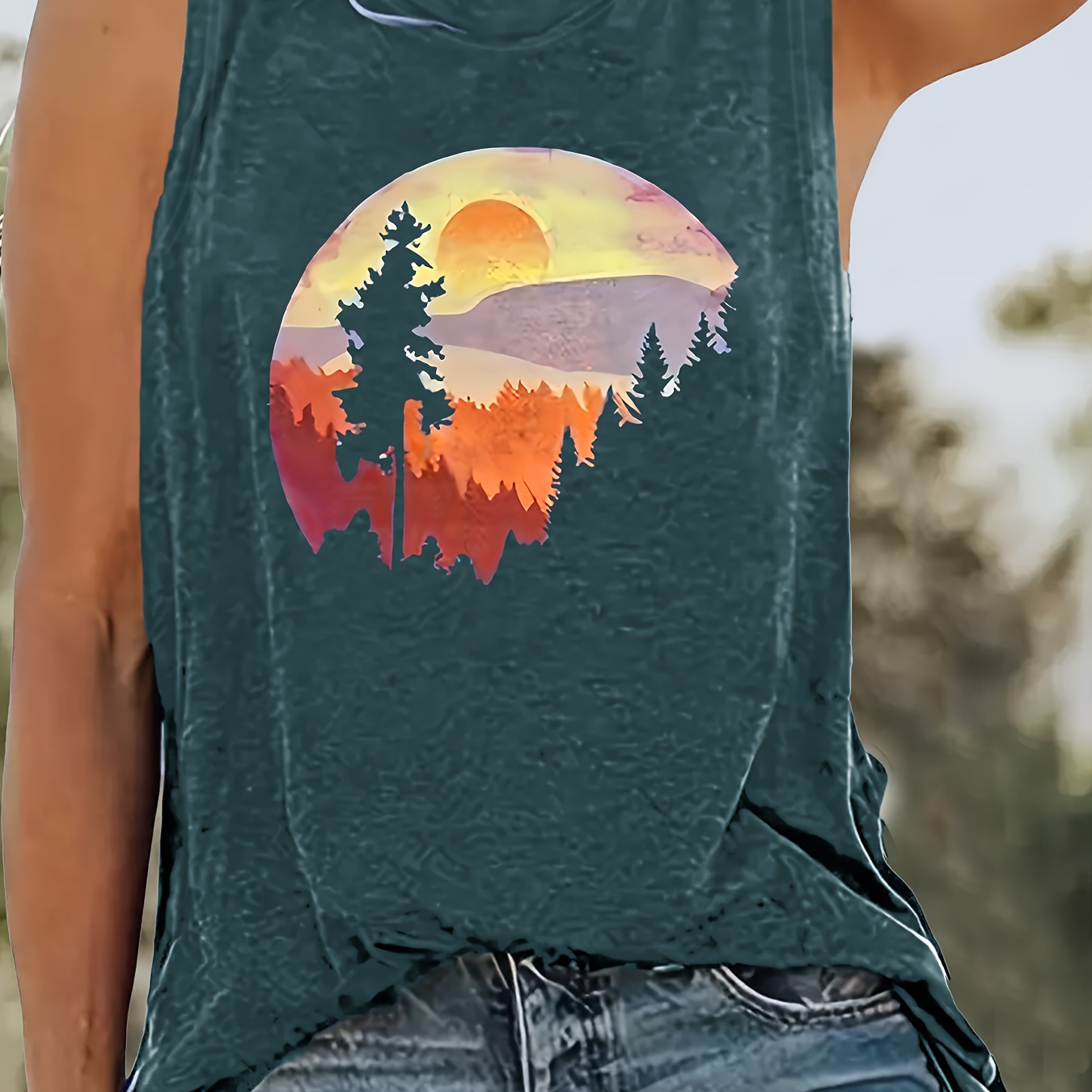 

Women's Casual Sunset Geometric Print Top - Crew Neck, Sleeveless, Soft Polyester , Machine Washable