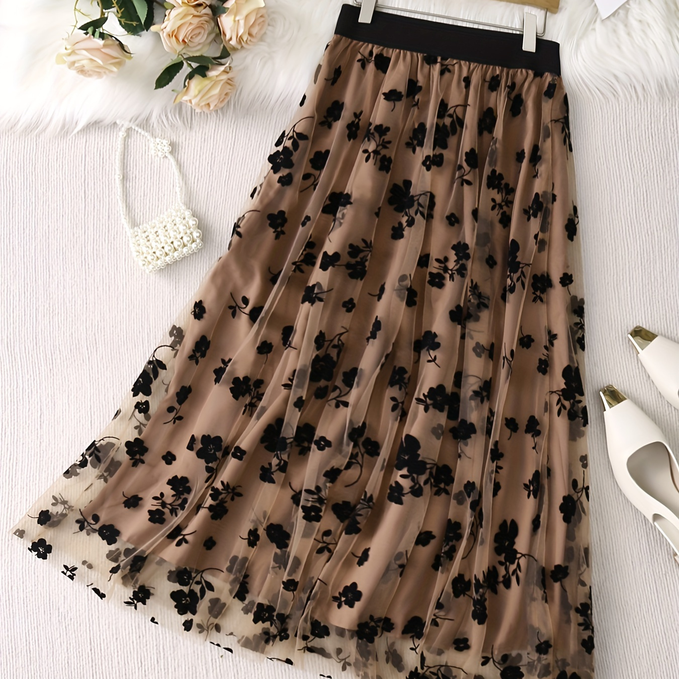 

' Tulle Skirt, Double Embroidered , Regular Length, No Waistband, , , A- Hem,