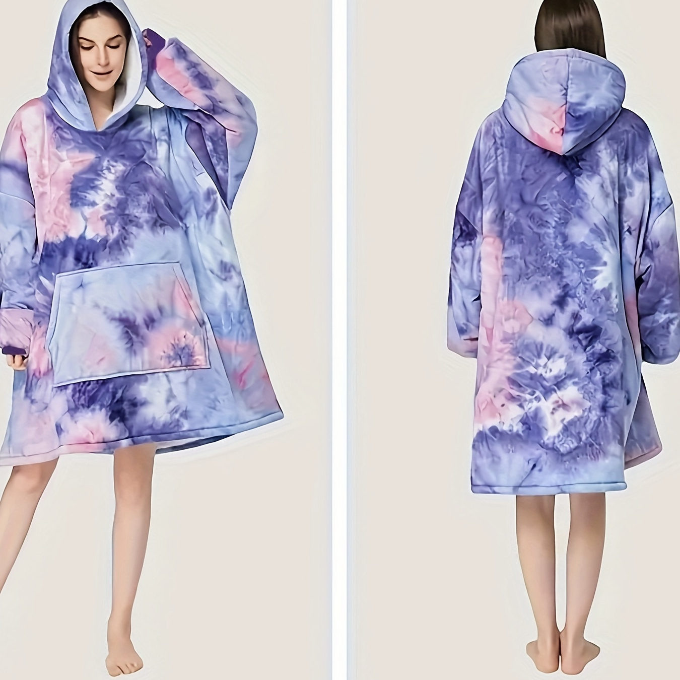 

Tie-dye Hooded Lounge Robe, Fleece Thickened Sweatshirt With Sleeves, Pullover For Indoor Comfort And Outdoor Warmth, Wearable Tv Robe, Casual Loungewear With Kangaroo Pocket - For Fall & Winter